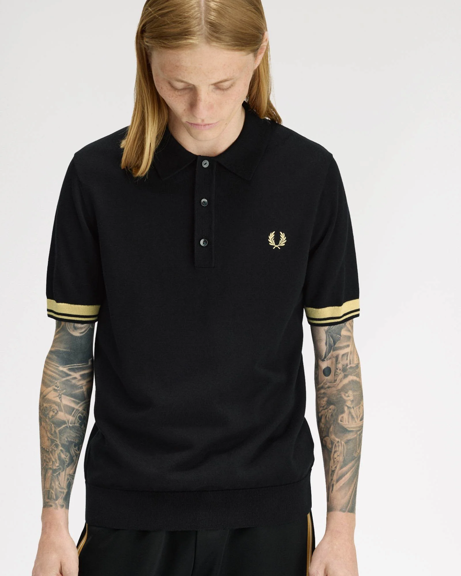 Fred Perry Mens Contrast Cuff Knitted Polo Shirt - Black/Champagne 90A - Image 4