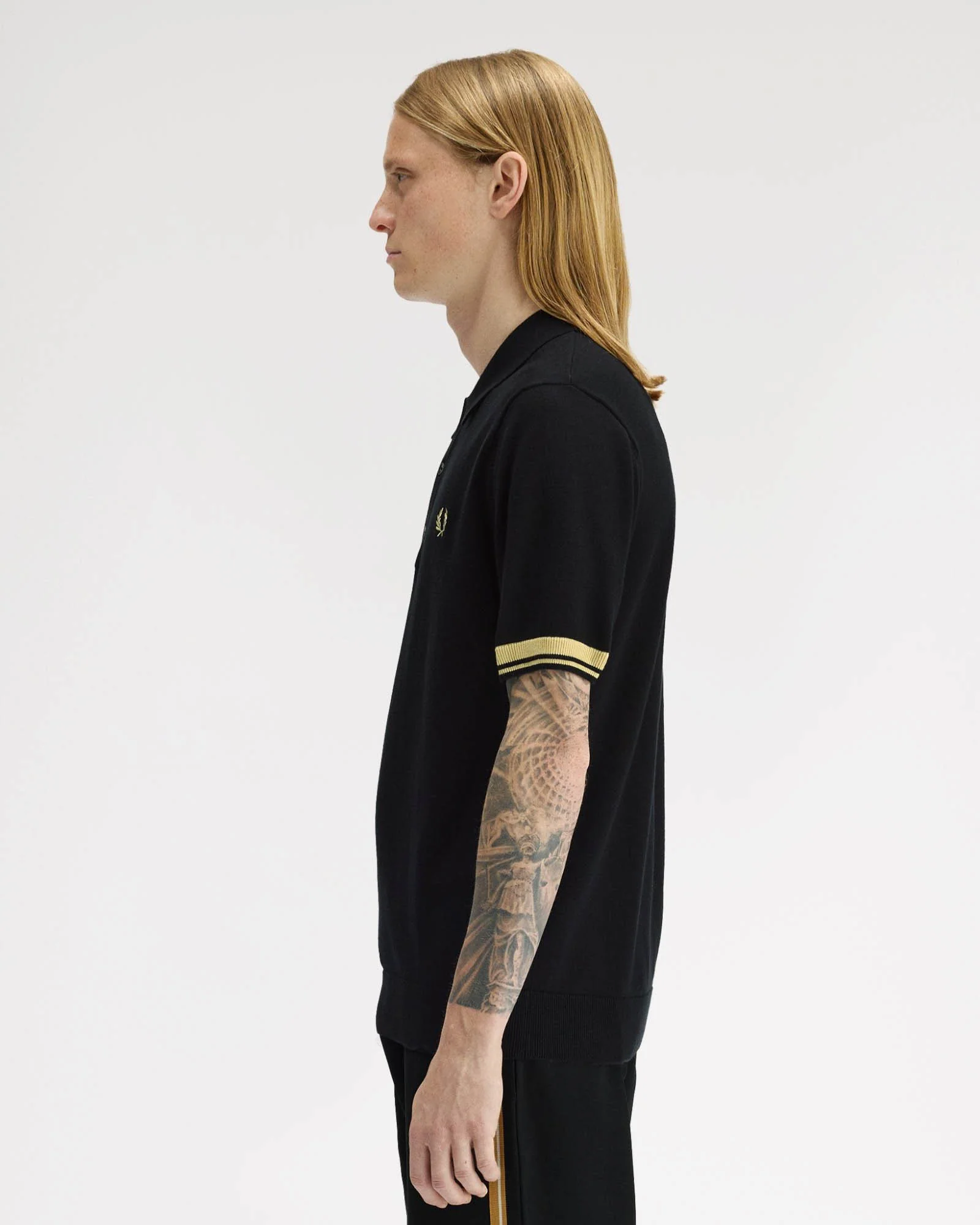 Fred Perry Mens Contrast Cuff Knitted Polo Shirt - Black/Champagne 90A - Image 5