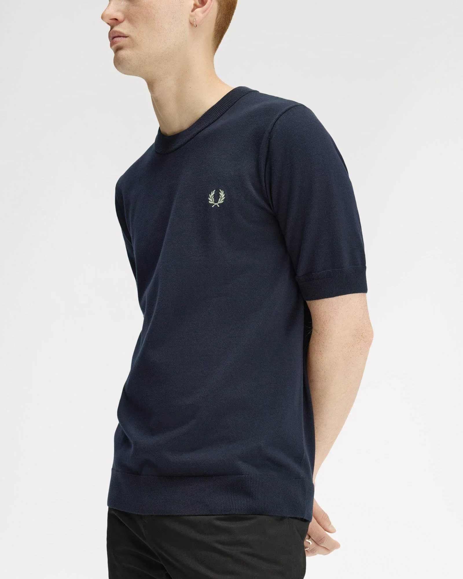 Fred Perry Mens Cotton Knitted T-Shirt - Navy 608 - Image 4