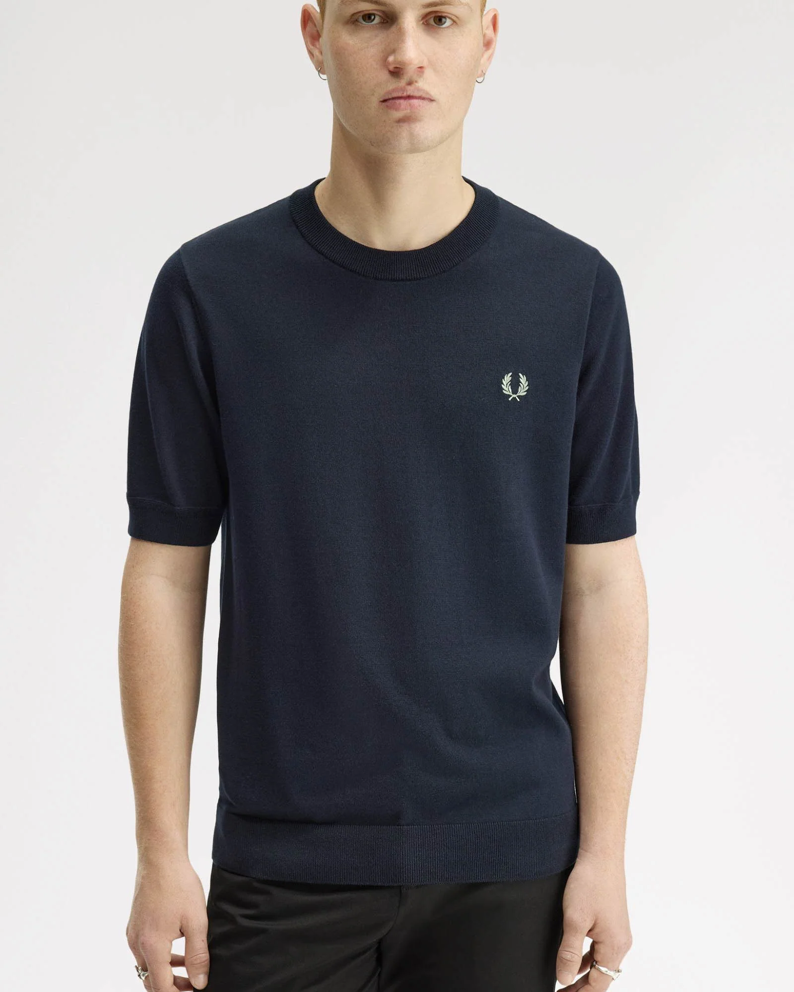 Fred Perry Mens Cotton Knitted T-Shirt - Navy 608 - Image 5