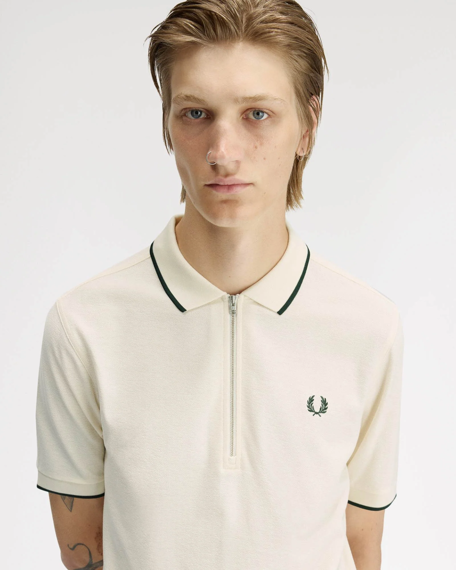 Fred Perry Mens Crepe Pique Polo Shirt - Ecru 560 - Image 3