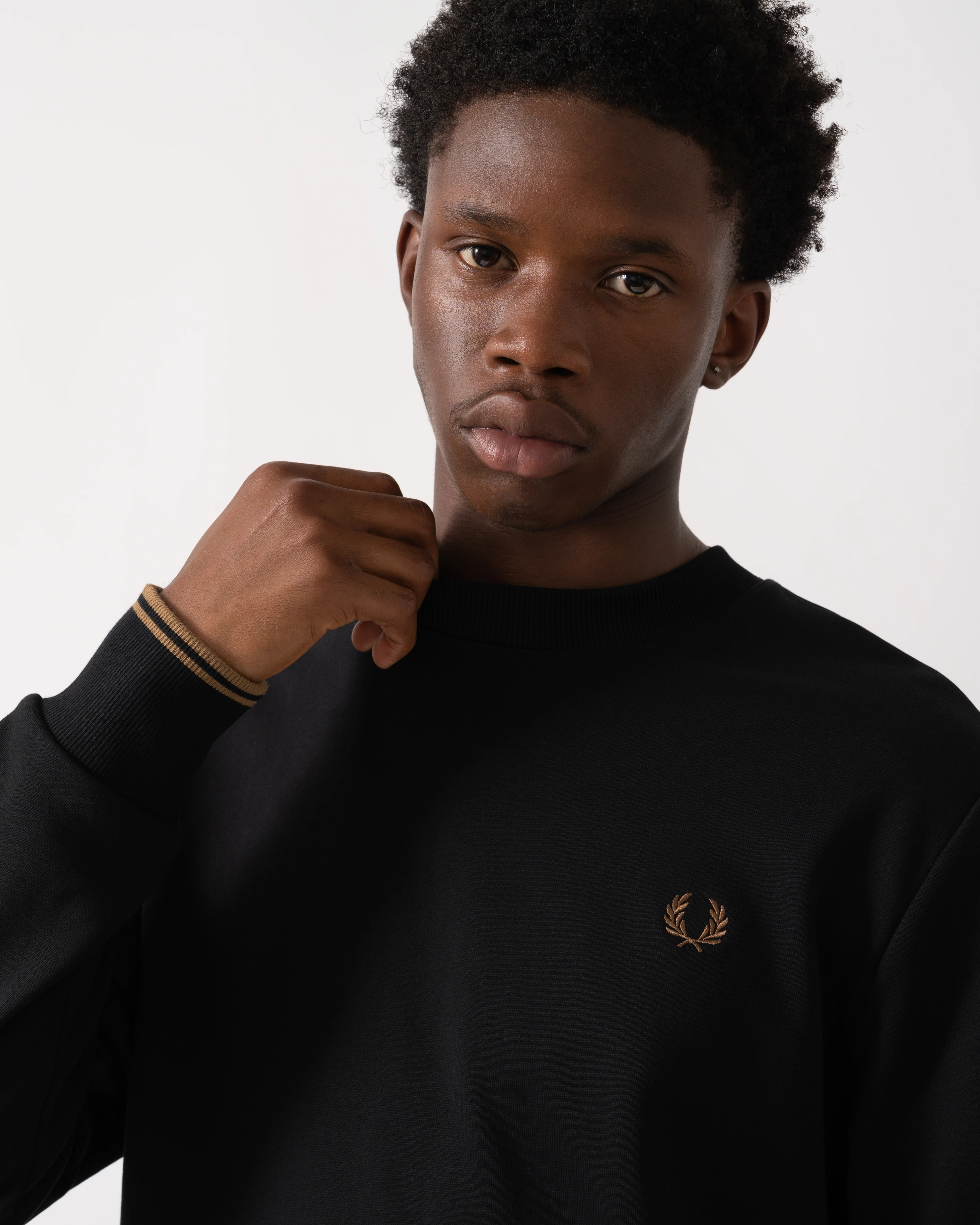 Fred Perry Mens Crew Neck Sweatshirt - Black/Shaded Stone/Shaded Stone S77 - Image 2