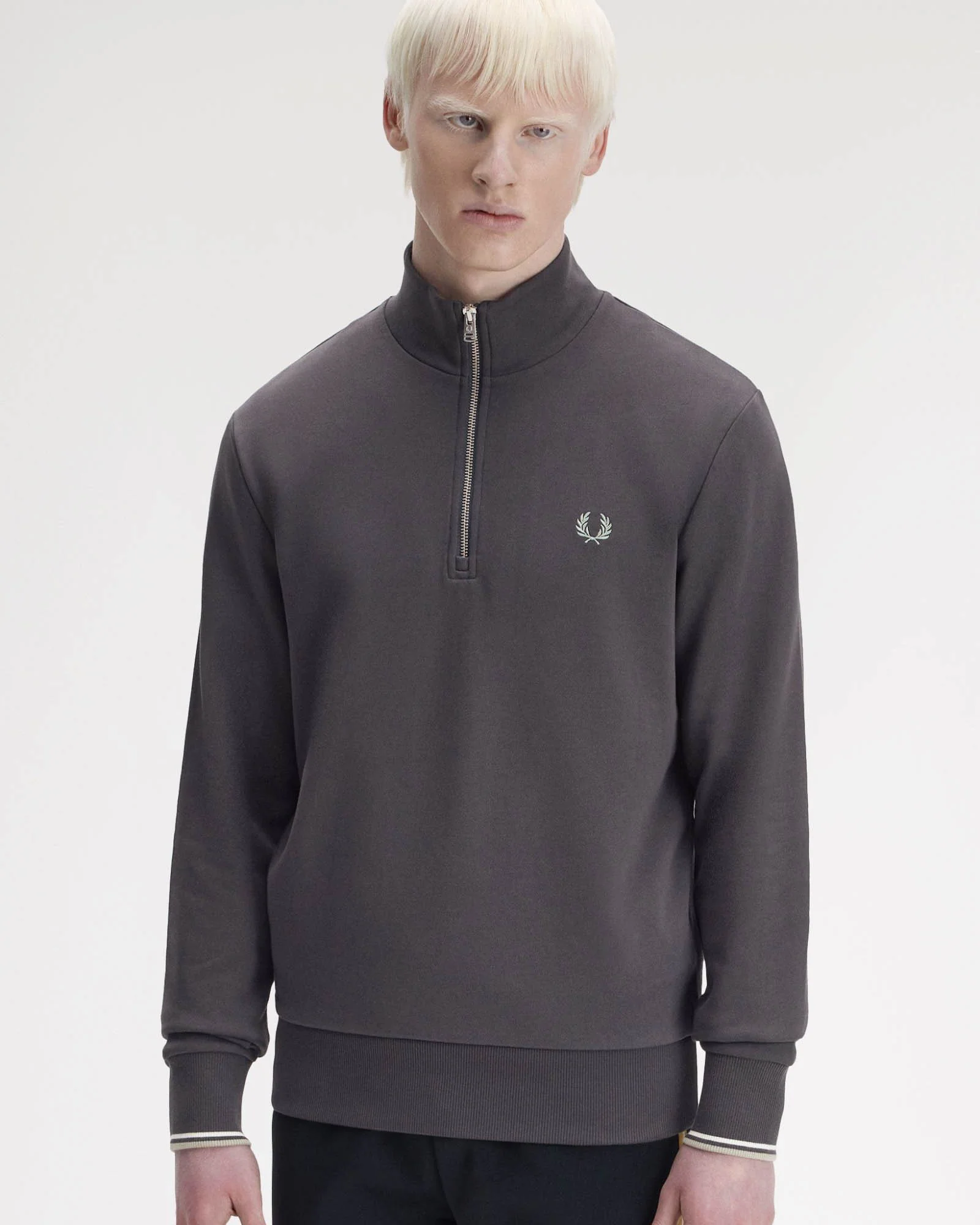 Fred Perry Mens Half Zip Sweatshirt - Anchor Grey/Ecru/Seagrass 87A - Image 2
