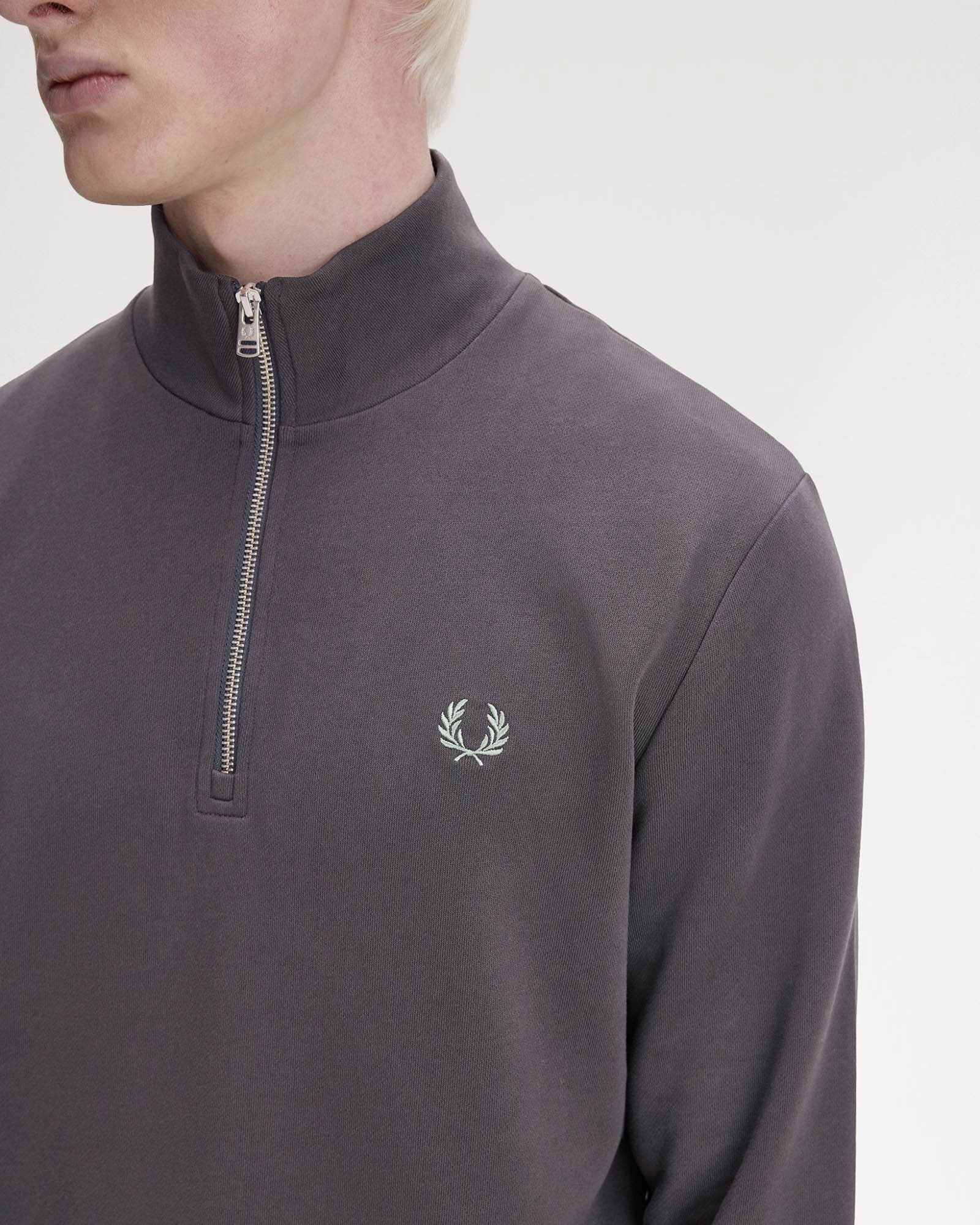 Fred Perry Mens Half Zip Sweatshirt - Anchor Grey/Ecru/Seagrass 87A - Image 4