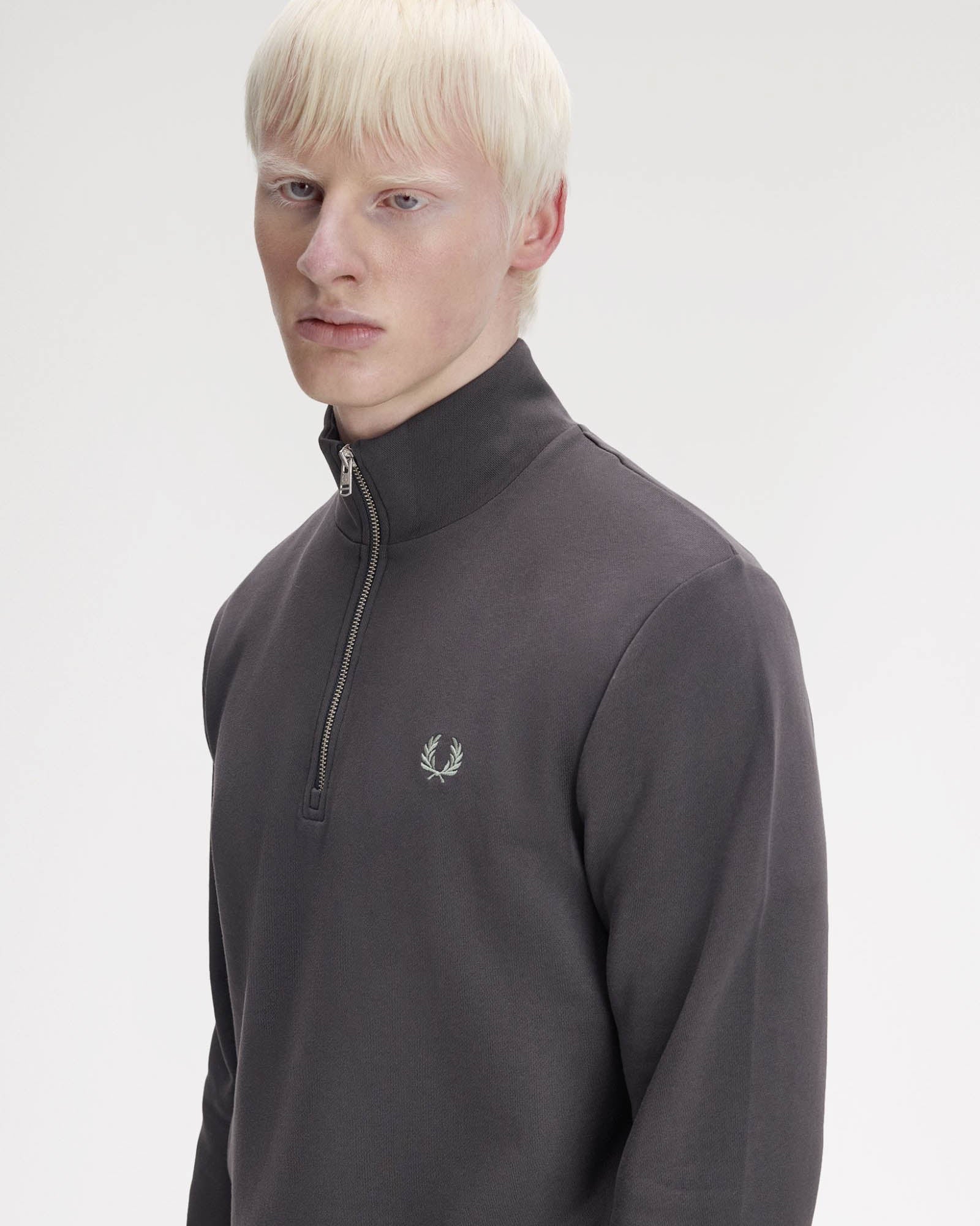 Fred Perry Mens Half Zip Sweatshirt - Anchor Grey/Ecru/Seagrass 87A - Image 6