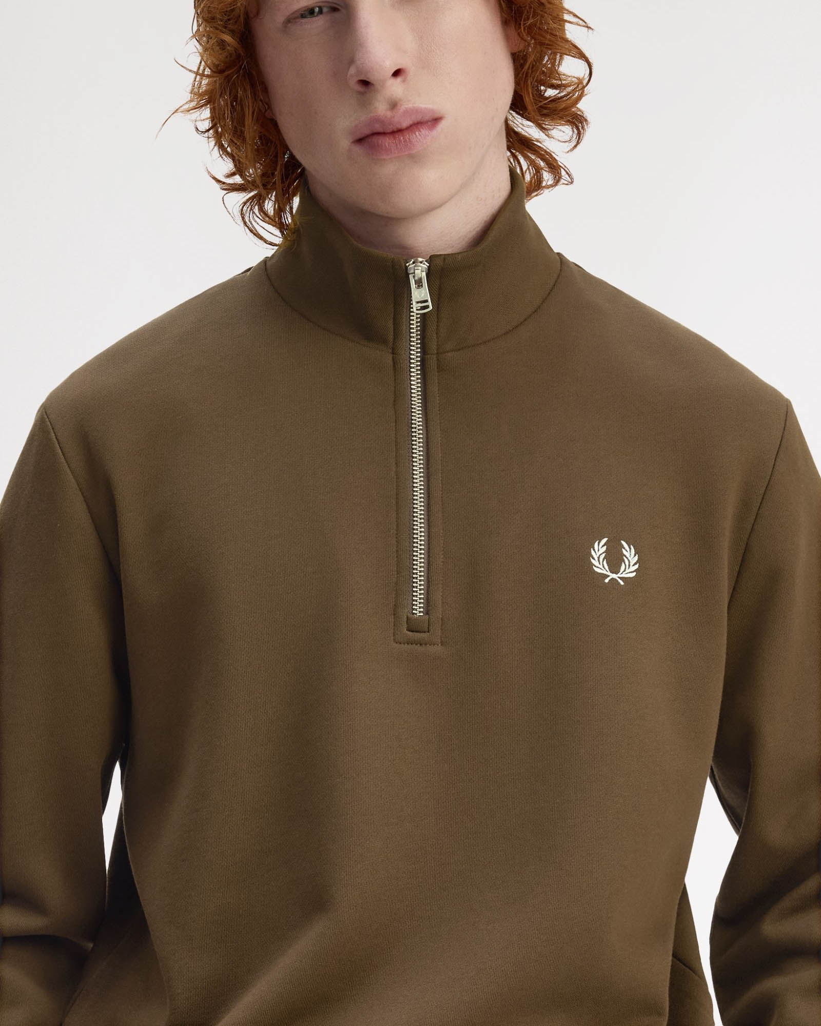 Fred Perry Mens Half Zip Sweatshirt - Burnt Tobacco/Stockport Blue 49A - Image 2