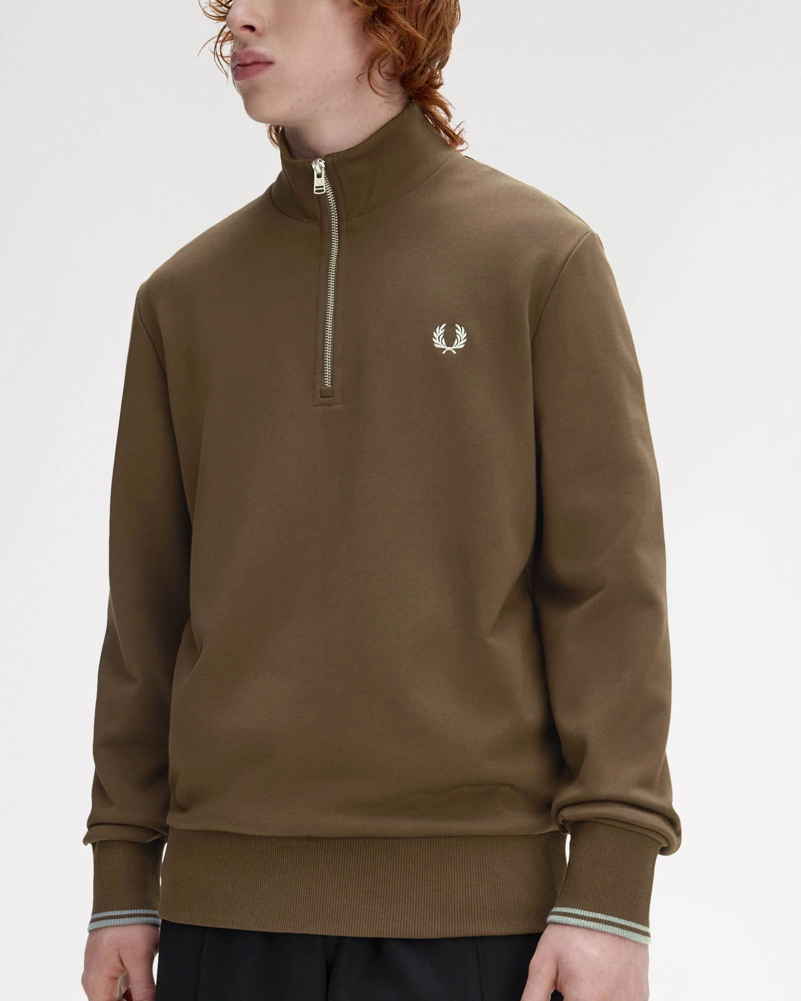 Fred Perry Mens Half Zip Sweatshirt - Burnt Tobacco/Stockport Blue 49A - Image 3