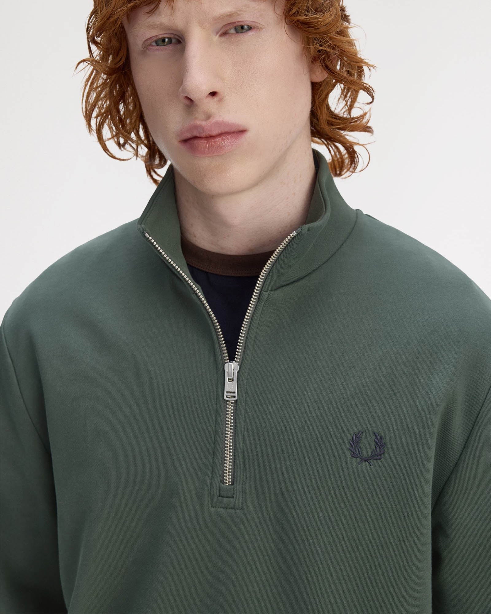 Fred Perry Mens Half Zip Sweatshirt - Court Green/Snow White/Navy 53A - Image 3