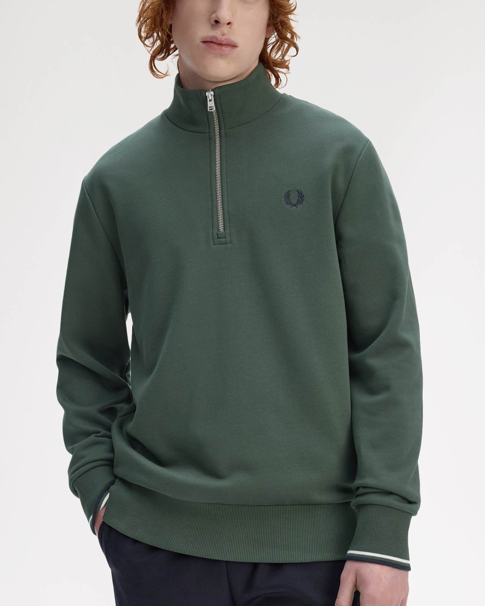 Fred Perry Mens Half Zip Sweatshirt - Court Green/Snow White/Navy 53A - Image 4