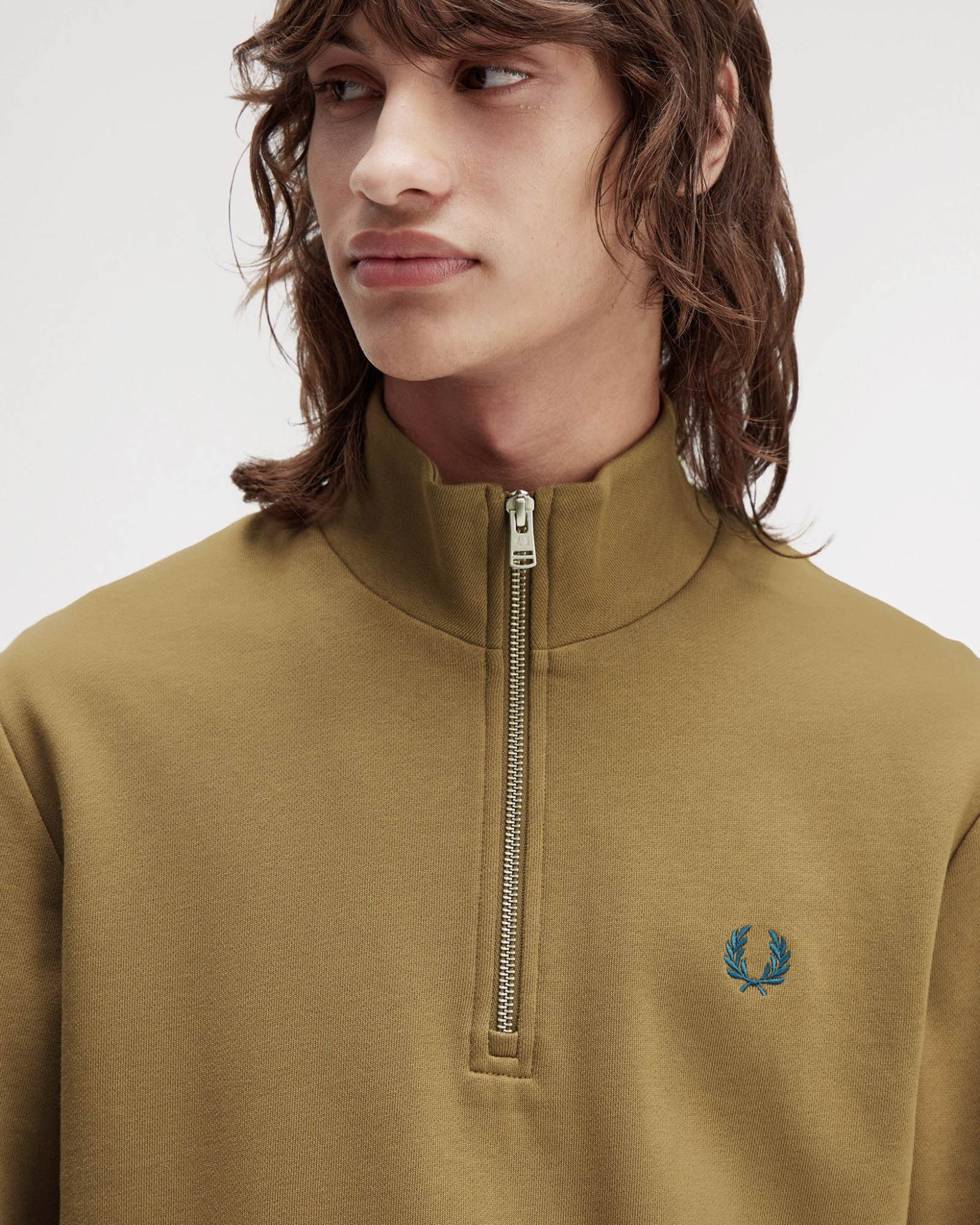Fred Perry Mens Half Zip Sweatshirt - Shaded Stone/Ecru/Dark Petrol Z60 - Image 2