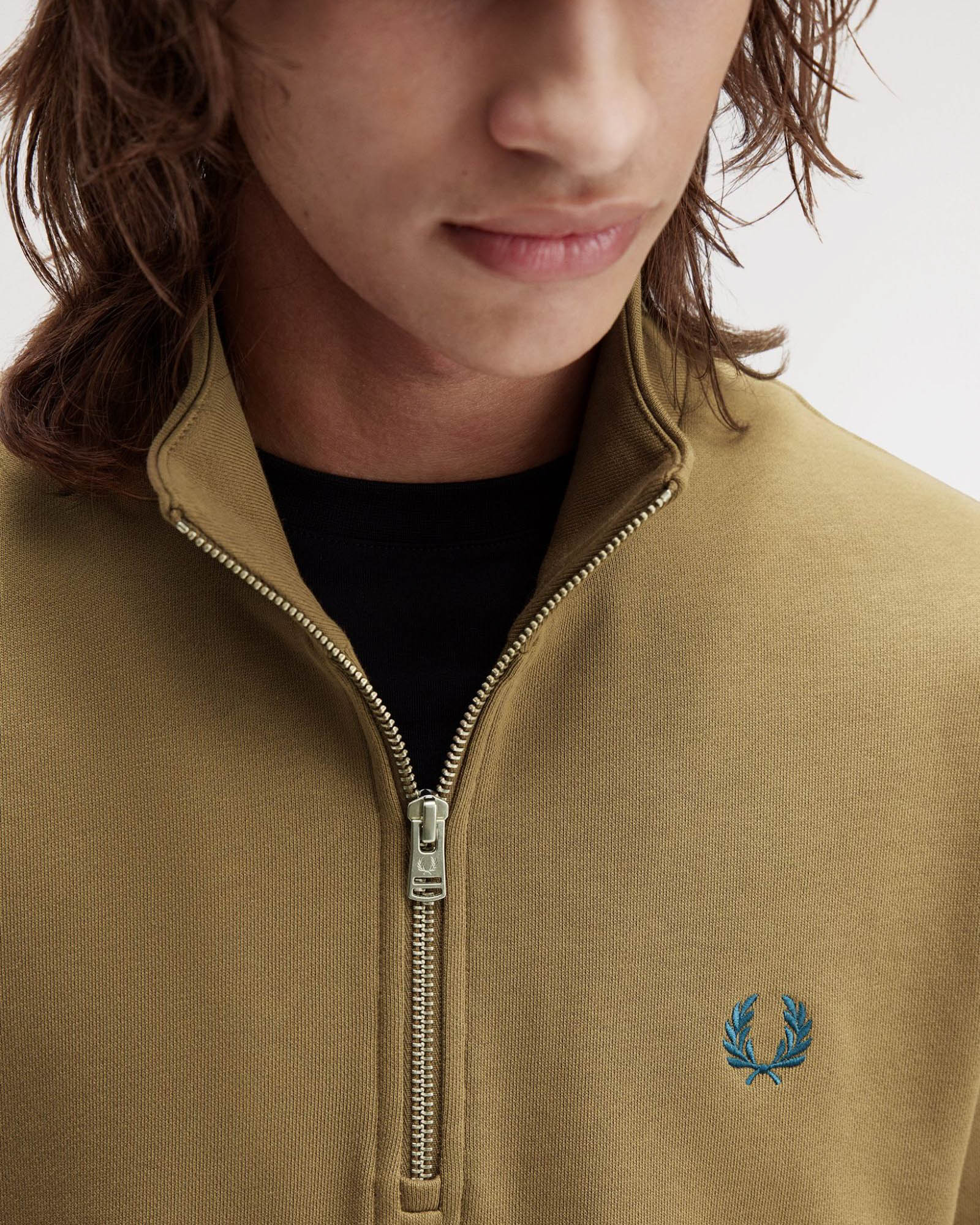 Fred Perry Mens Half Zip Sweatshirt - Shaded Stone/Ecru/Dark Petrol Z60 - Image 3