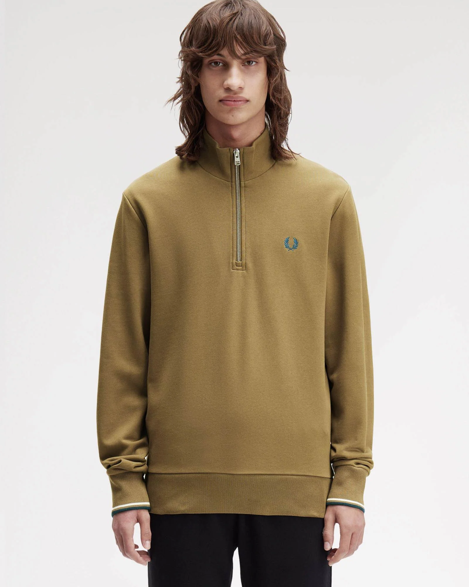 Fred Perry Mens Half Zip Sweatshirt - Shaded Stone/Ecru/Dark Petrol Z60 - Image 5