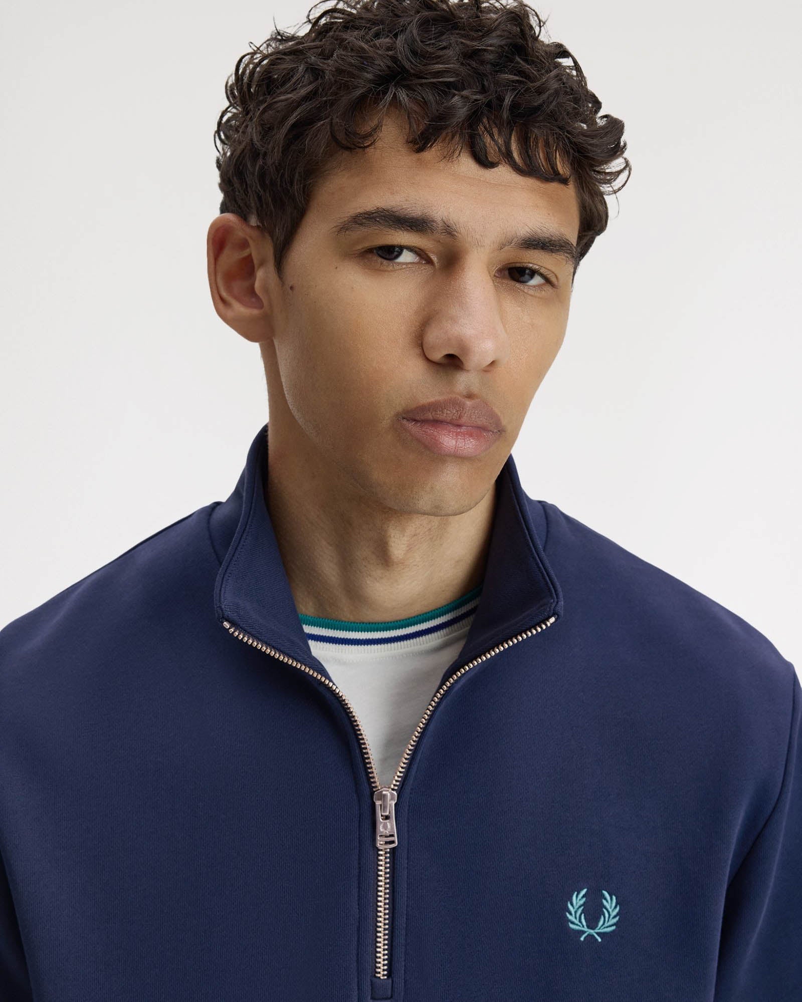 Fred Perry Mens Half Zip Sweatshirt - Tennis Blue/Snow White/Deep Mint 86A - Image 2