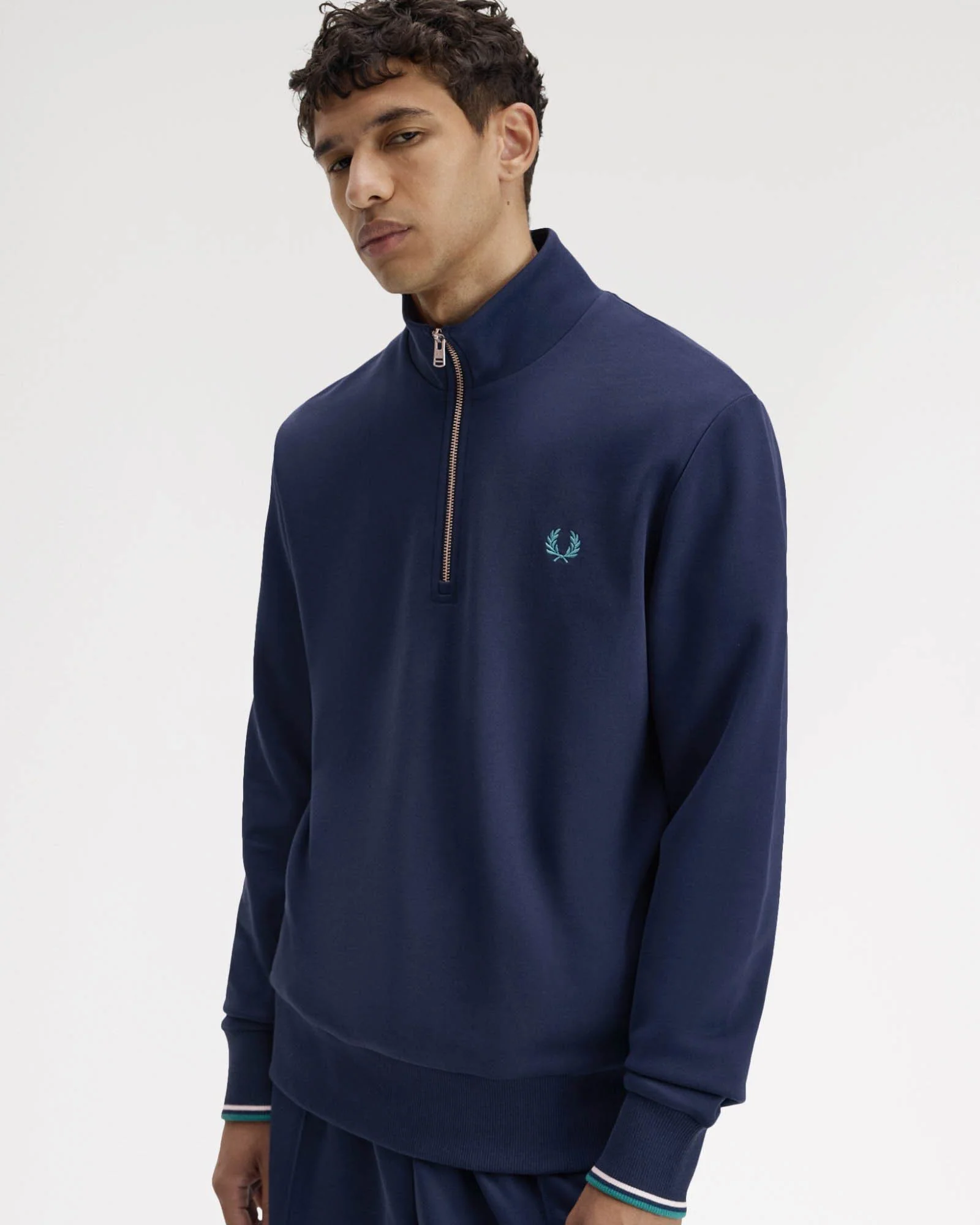 Fred Perry Mens Half Zip Sweatshirt - Tennis Blue/Snow White/Deep Mint 86A - Image 3