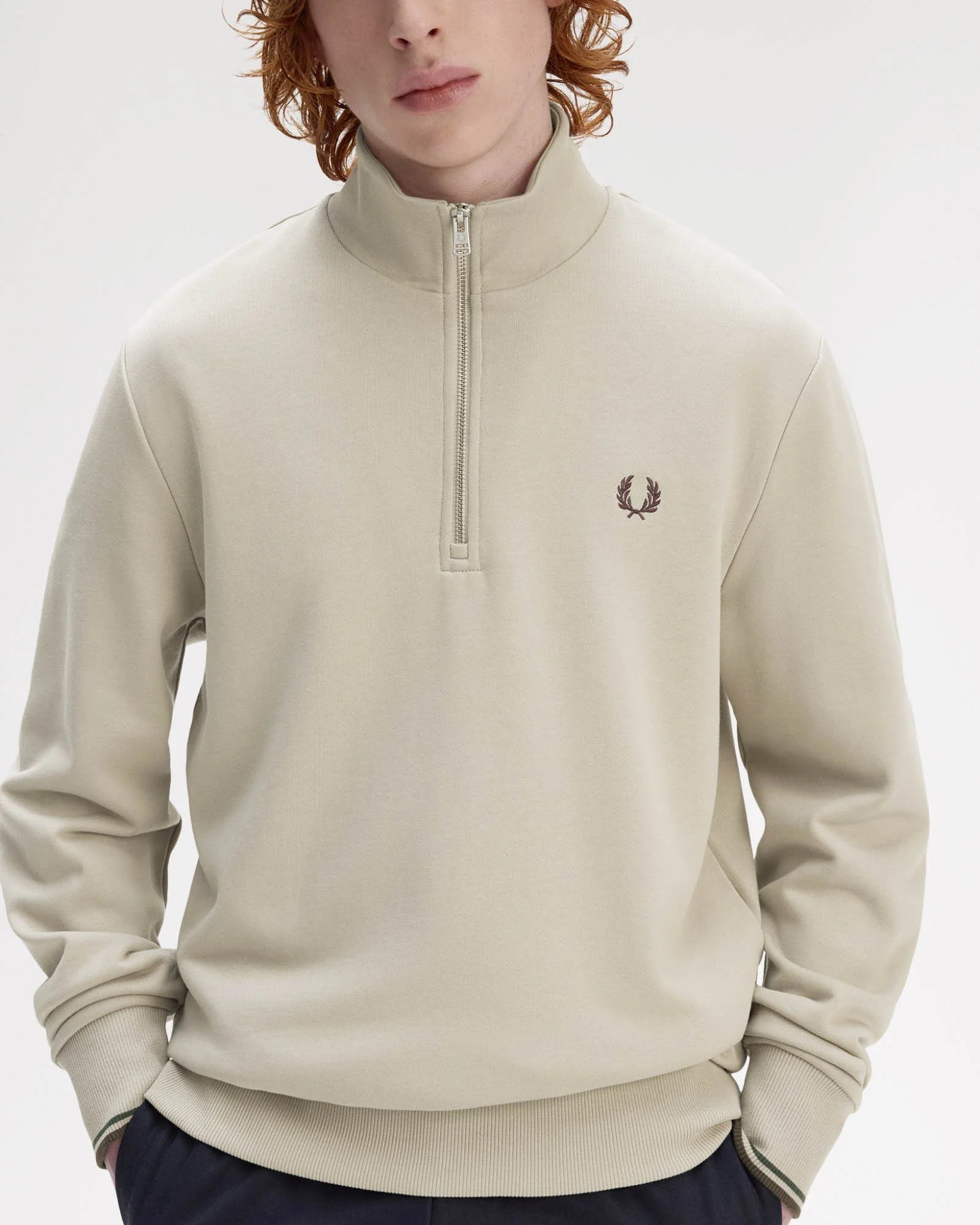 Fred Perry Mens Half Zip Sweatshirt - Warm Oat/Court Green/Burnt Tobacco 50A - Image 5