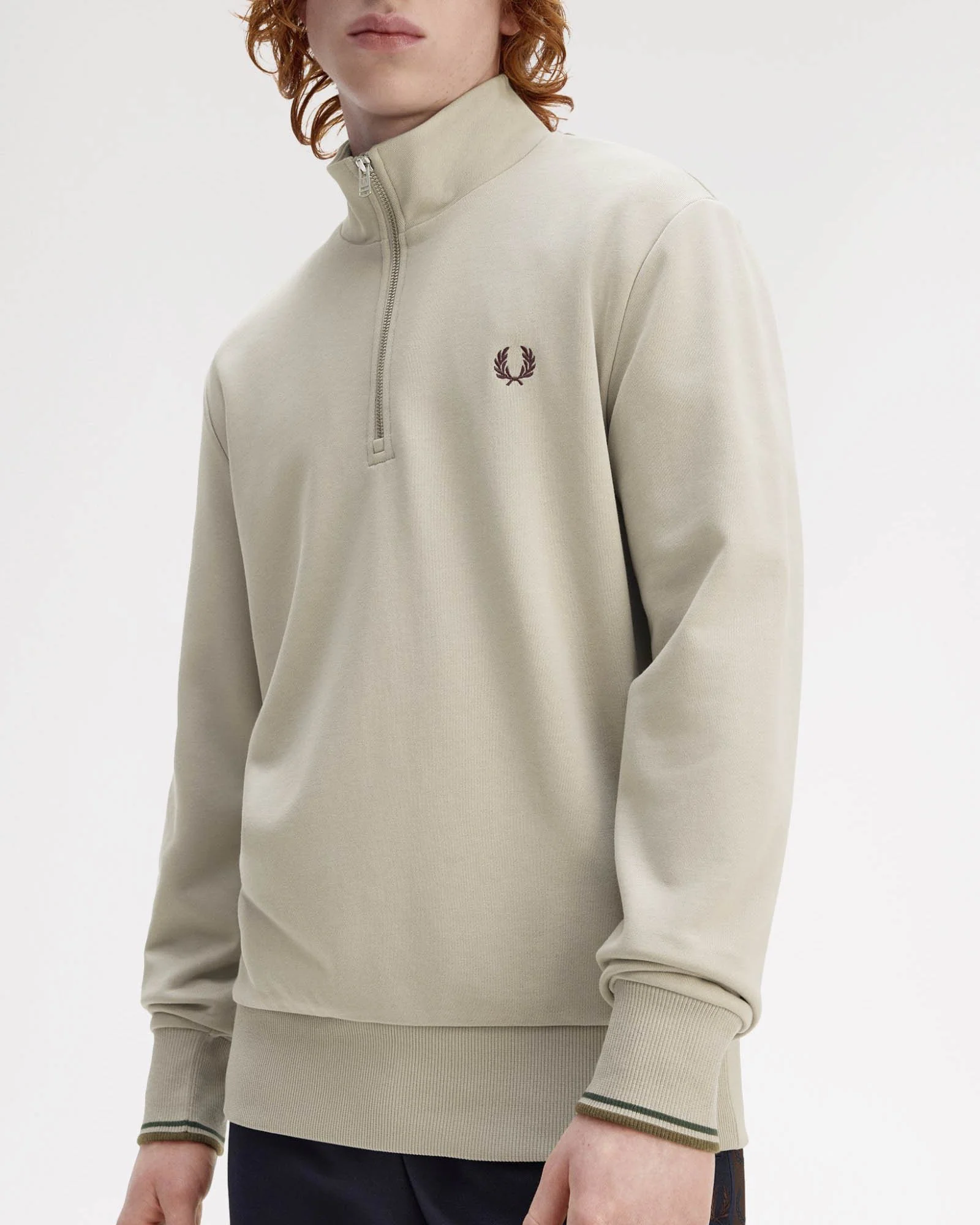 Fred Perry Mens Half Zip Sweatshirt - Warm Oat/Court Green/Burnt Tobacco 50A - Image 6