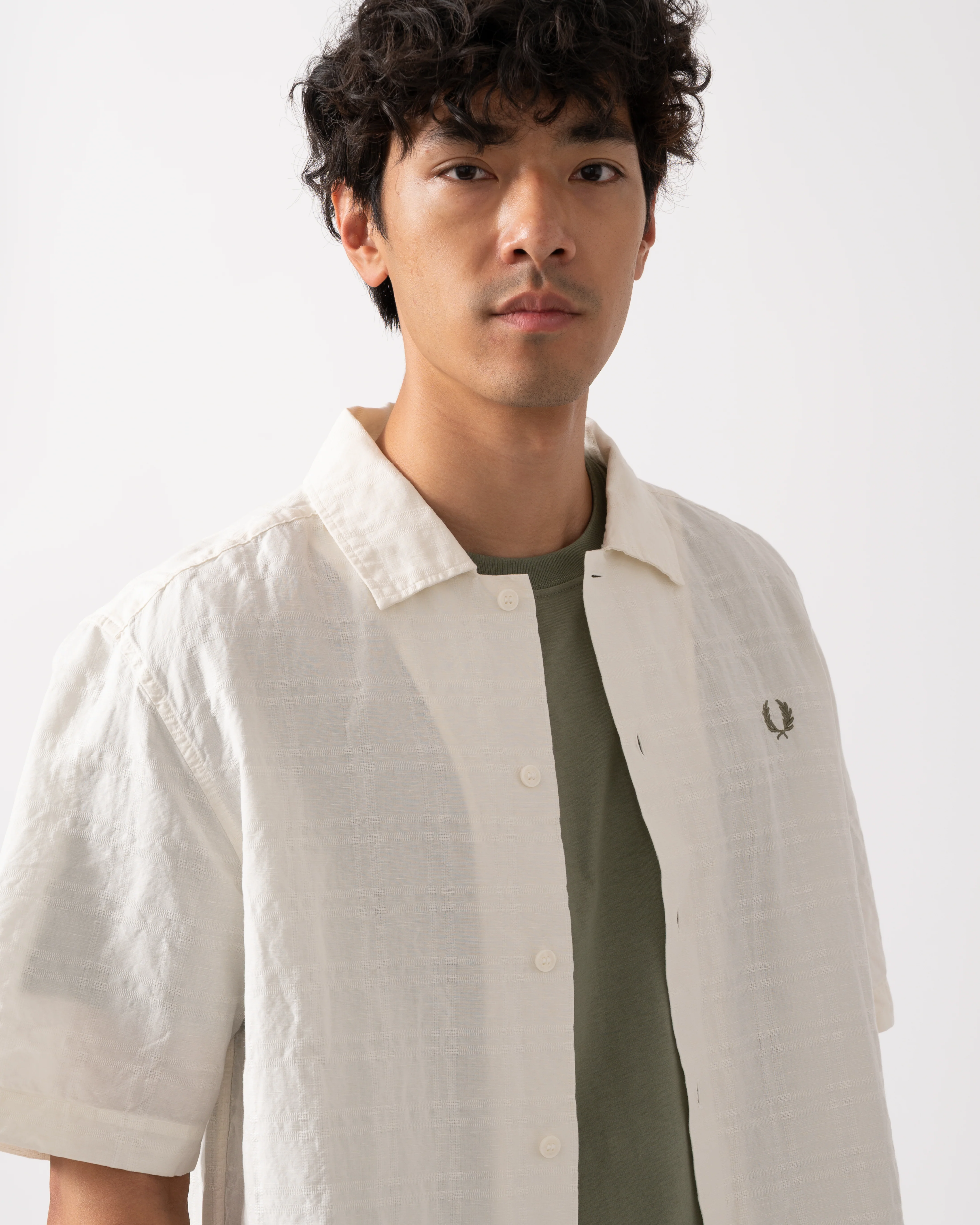 Fred Perry Mens Jacquard Linen Blend Shirt - Light Ecru 760 - Image 3