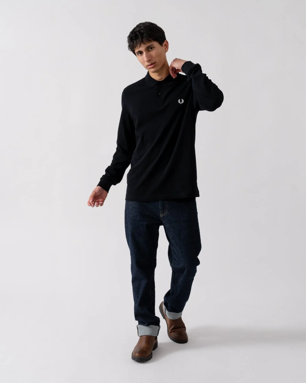 Fred Perry Mens Long Sleeve Plain Signature Polo Shirt NOS - Black/White 350 - Image 3