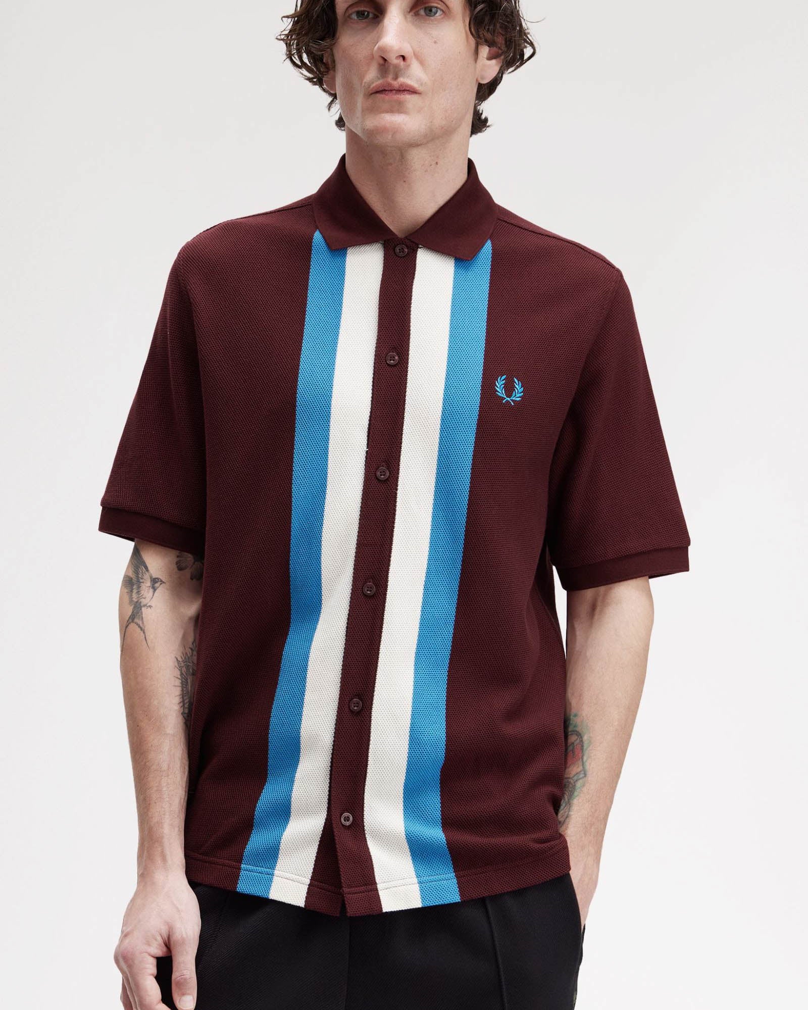 Fred Perry Mens Panelled Button Through Polo Shirt - Ox Blood/Ecru/Ecru 597 - Image 2