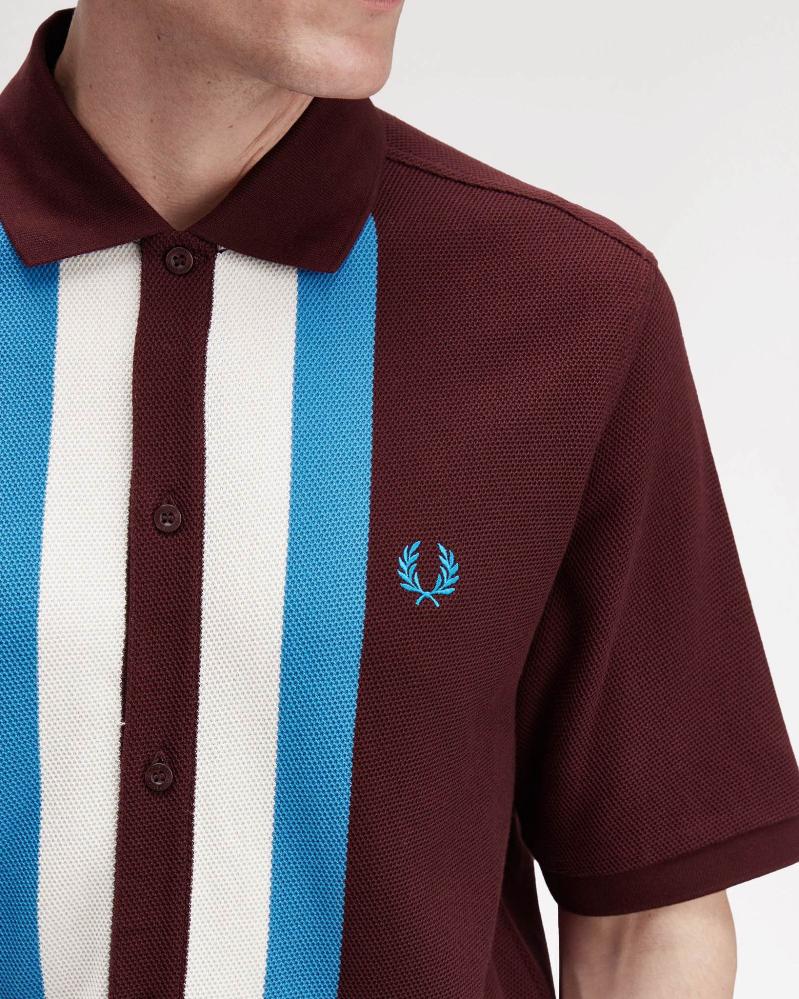 Fred Perry Mens Panelled Button Through Polo Shirt - Ox Blood/Ecru/Ecru 597 - Image 3