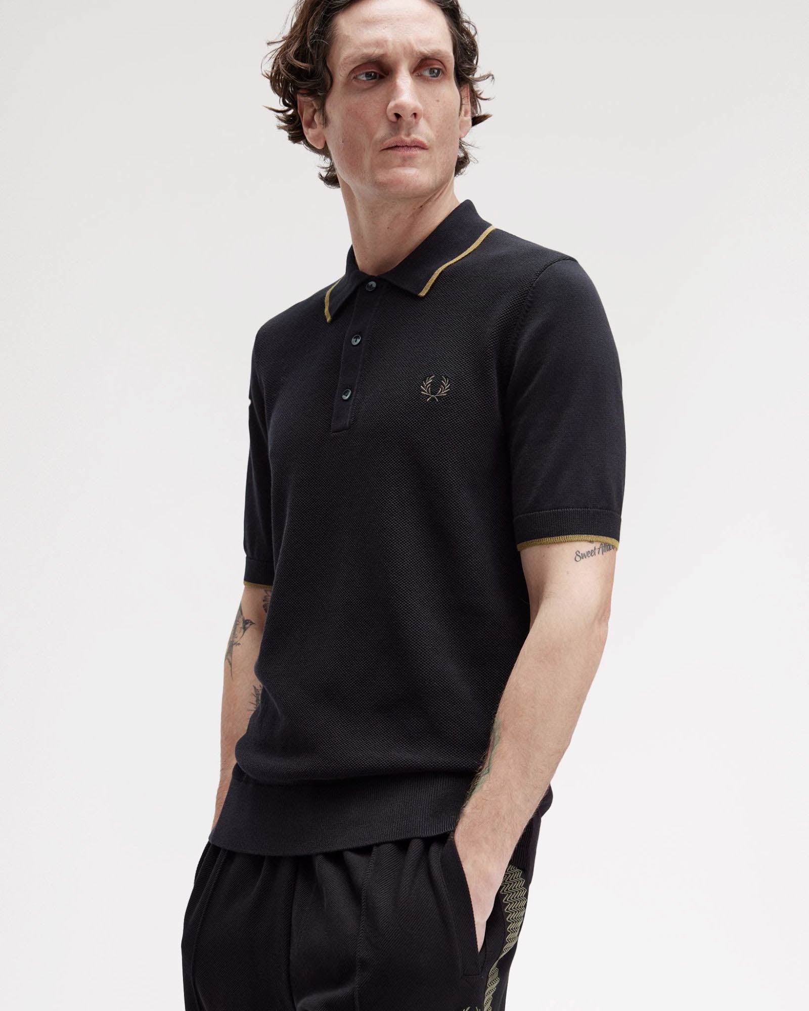 Fred Perry Mens Pique Stitch Knitted Polo Shirt - Black 102 - Image 3