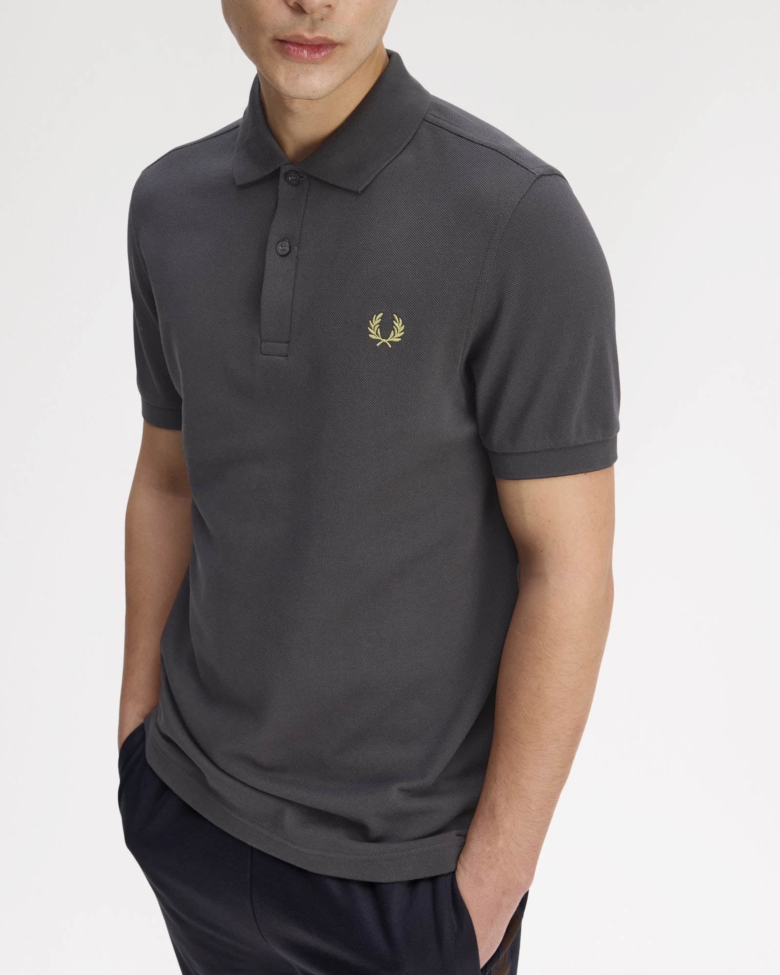 Fred Perry Mens Plain Signature Polo Shirt - Anchor Grey/Tennis Ball Yellow 58A - Image 2