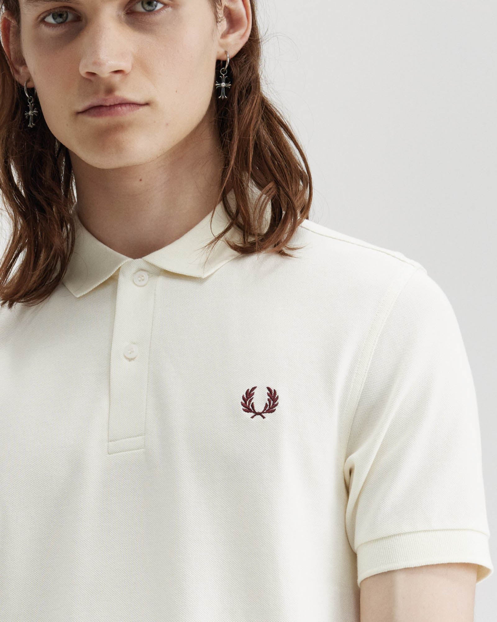 Fred Perry Mens Plain Signature Polo Shirt - Ecru/Oxblood V84 - Image 2