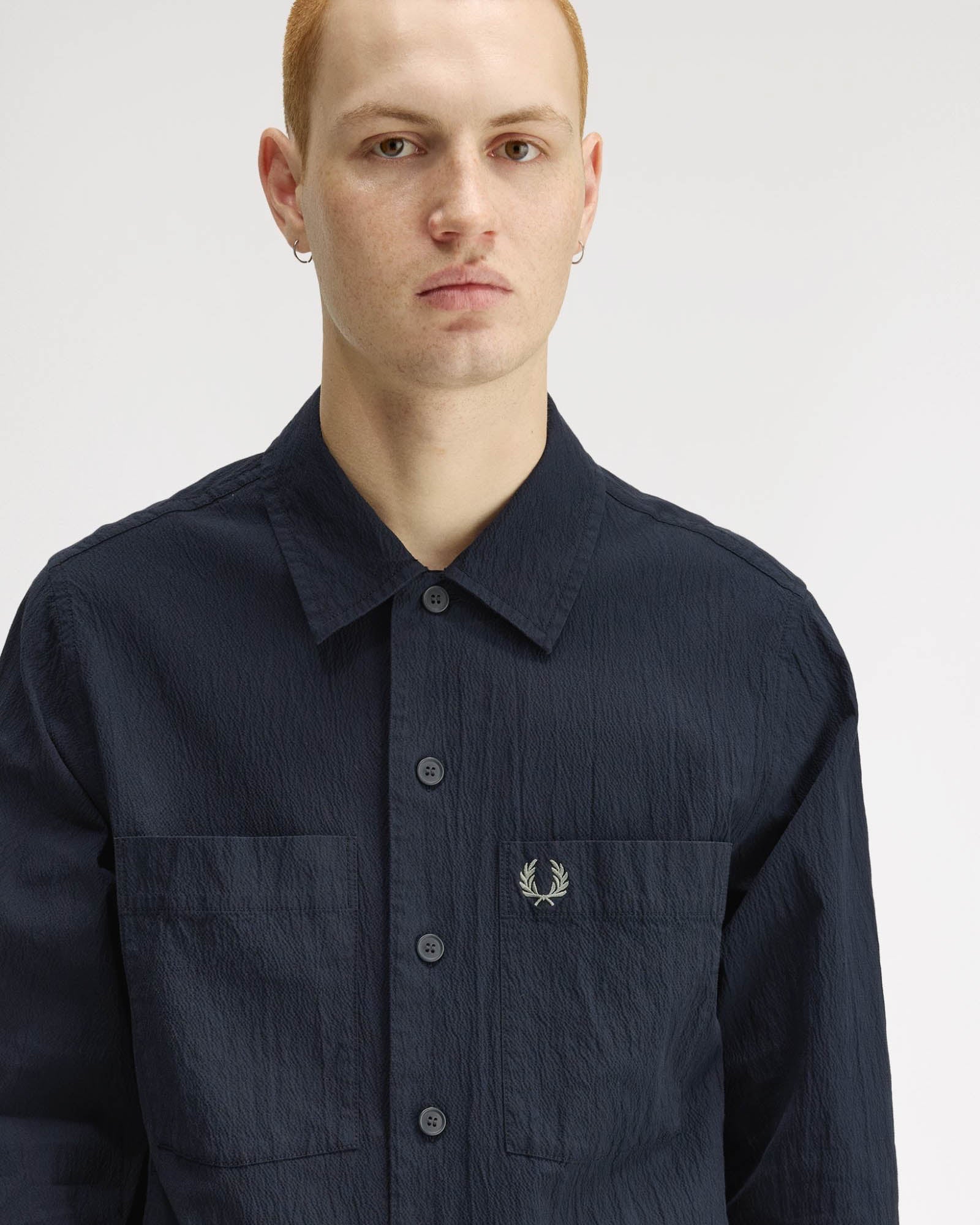 Fred Perry Mens Seersucker Overshirt - Navy 608 - Image 5