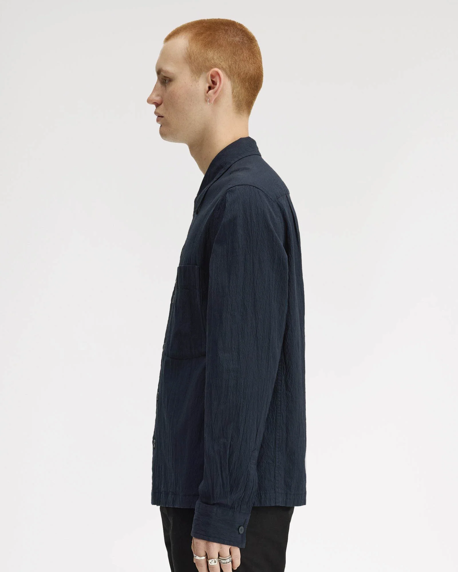 Fred Perry Mens Seersucker Overshirt - Navy 608 - Image 7