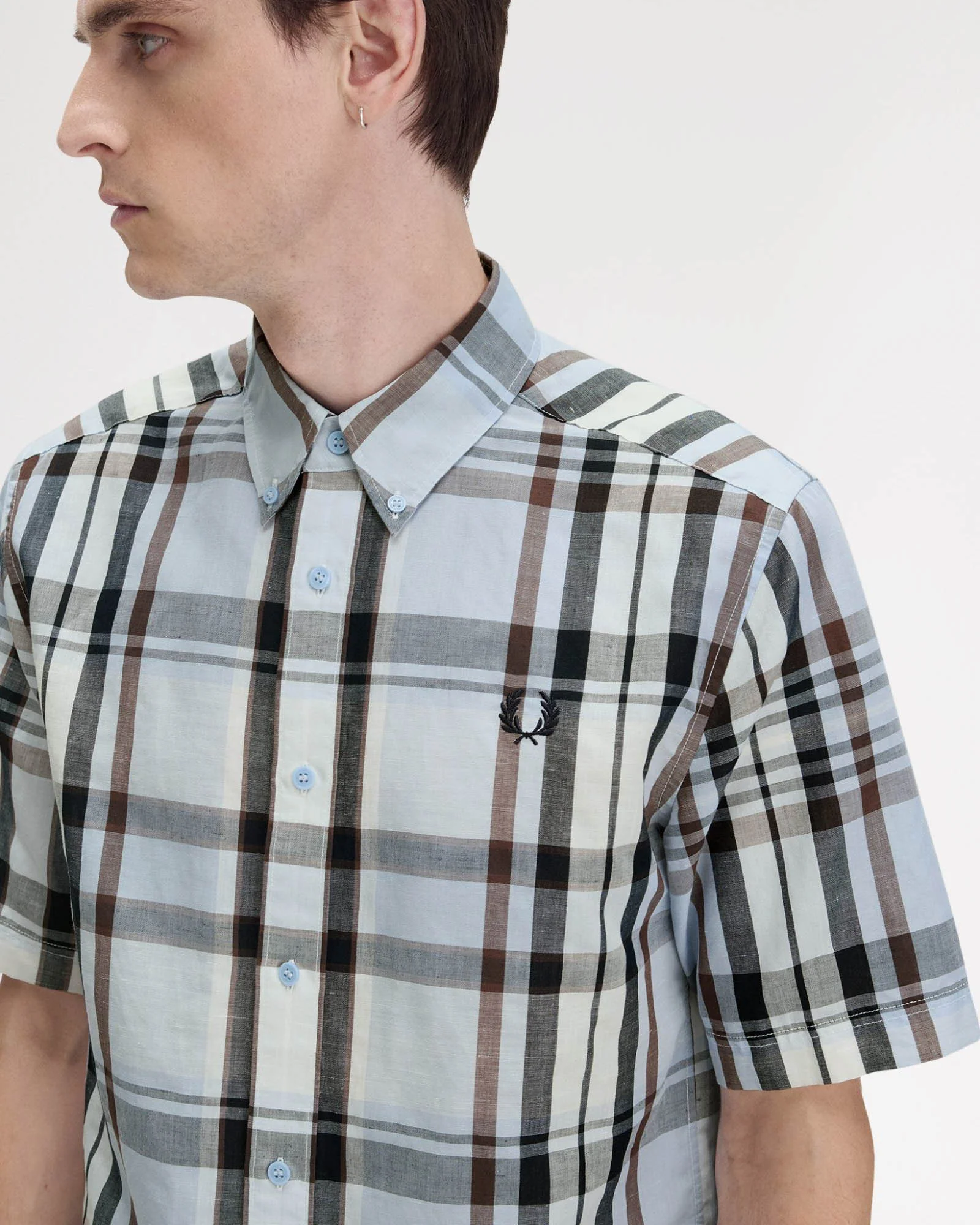 Fred Perry Mens Short Sleeve Madras Check Shirt Light Smoke 353 - Image 2