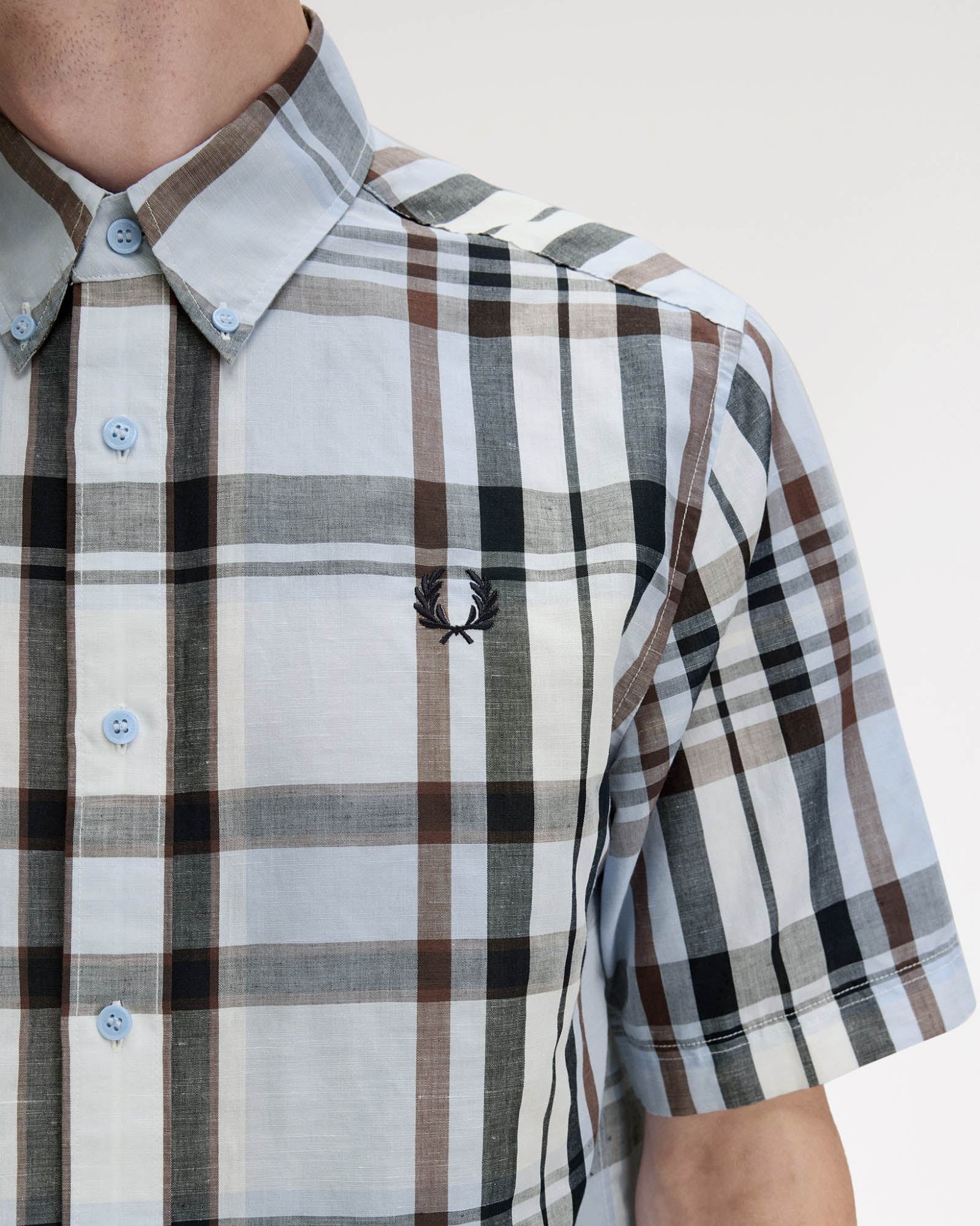 Fred Perry Mens Short Sleeve Madras Check Shirt Light Smoke 353 - Image 3