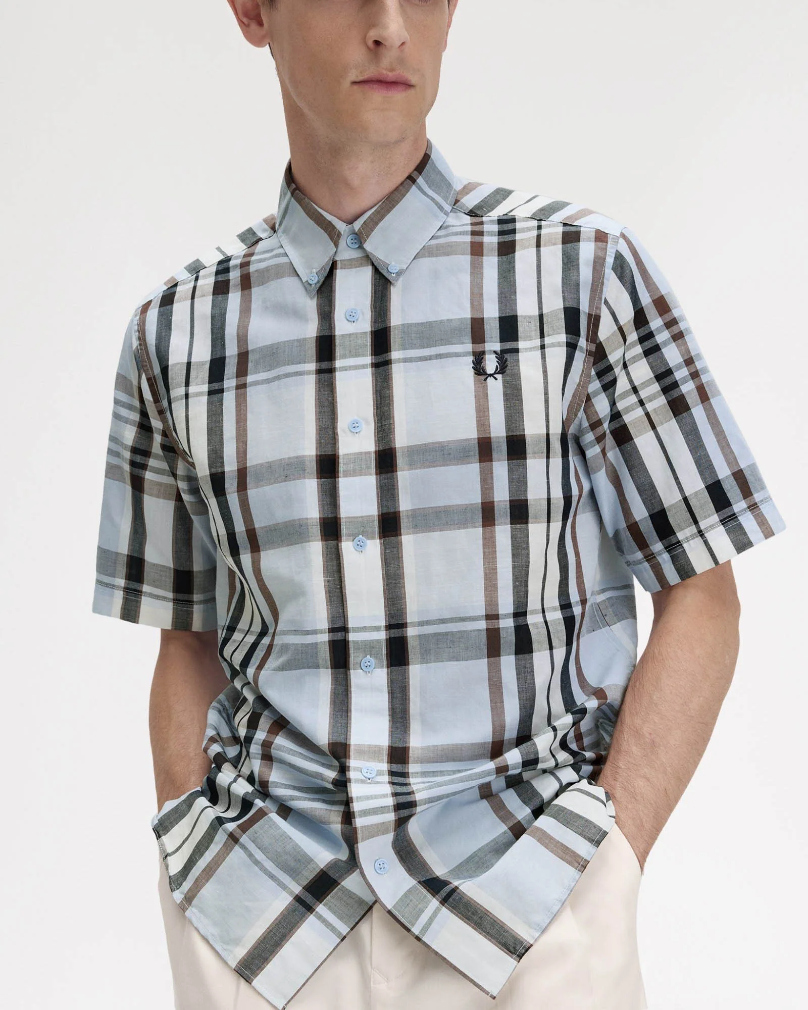 Fred Perry Mens Short Sleeve Madras Check Shirt Light Smoke 353 - Image 5