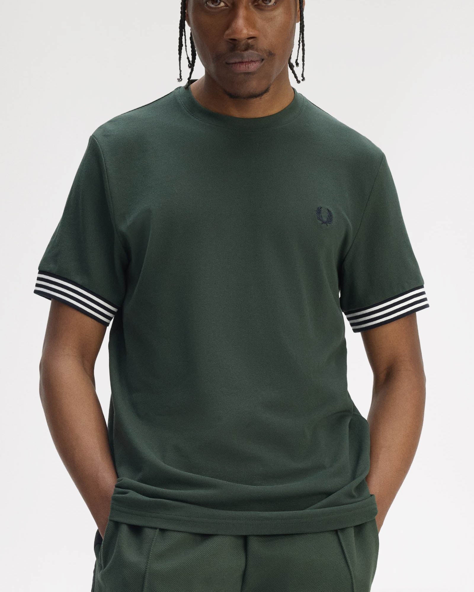 Fred Perry Mens Striped Cuff T-Shirt - Court Green X89 - Image 3