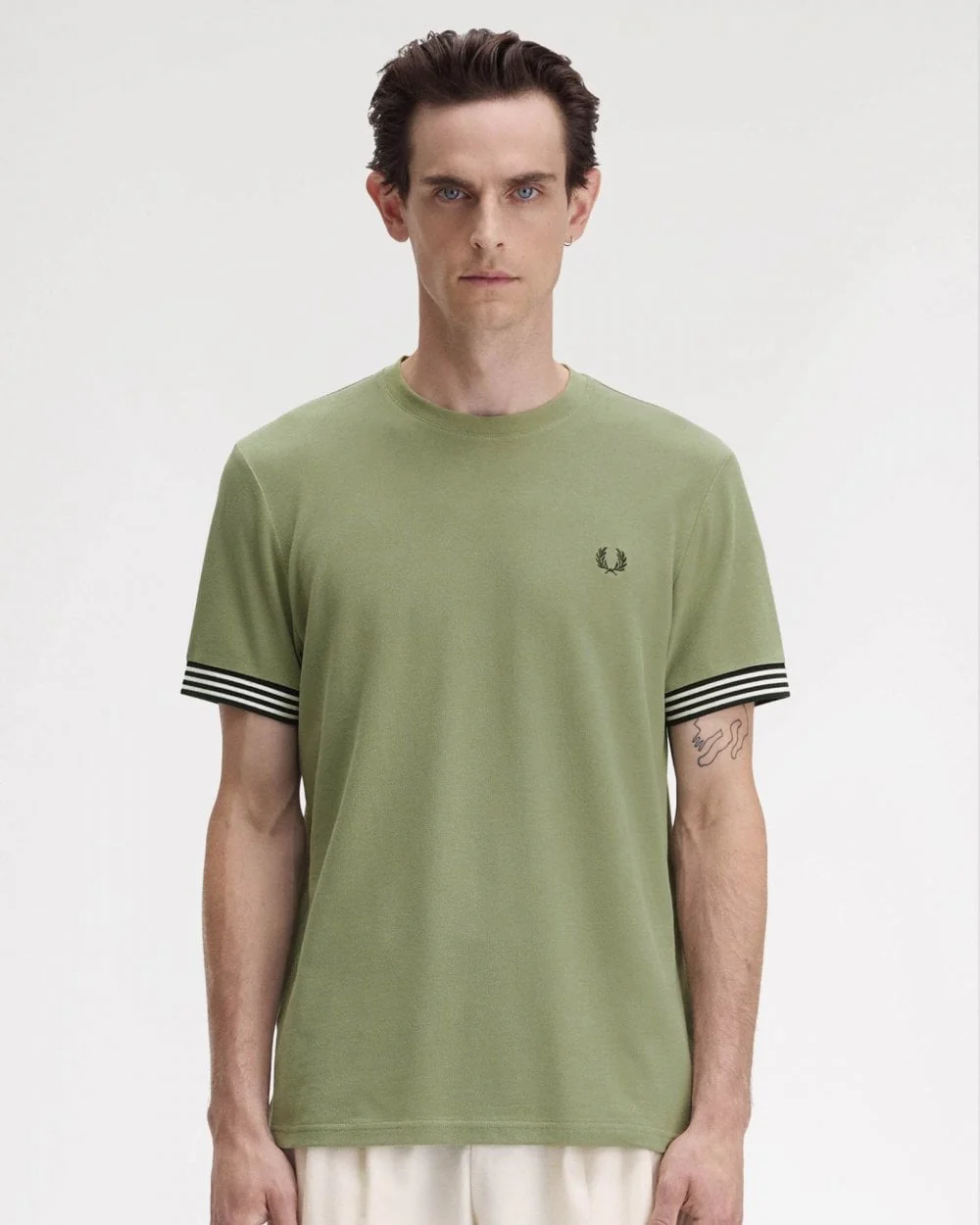 Fred Perry Mens Striped Cuff T-Shirt - Olive Mint X88