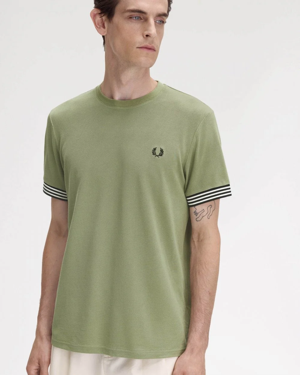 Fred Perry Mens Striped Cuff T-Shirt - Olive Mint X88 - Image 2