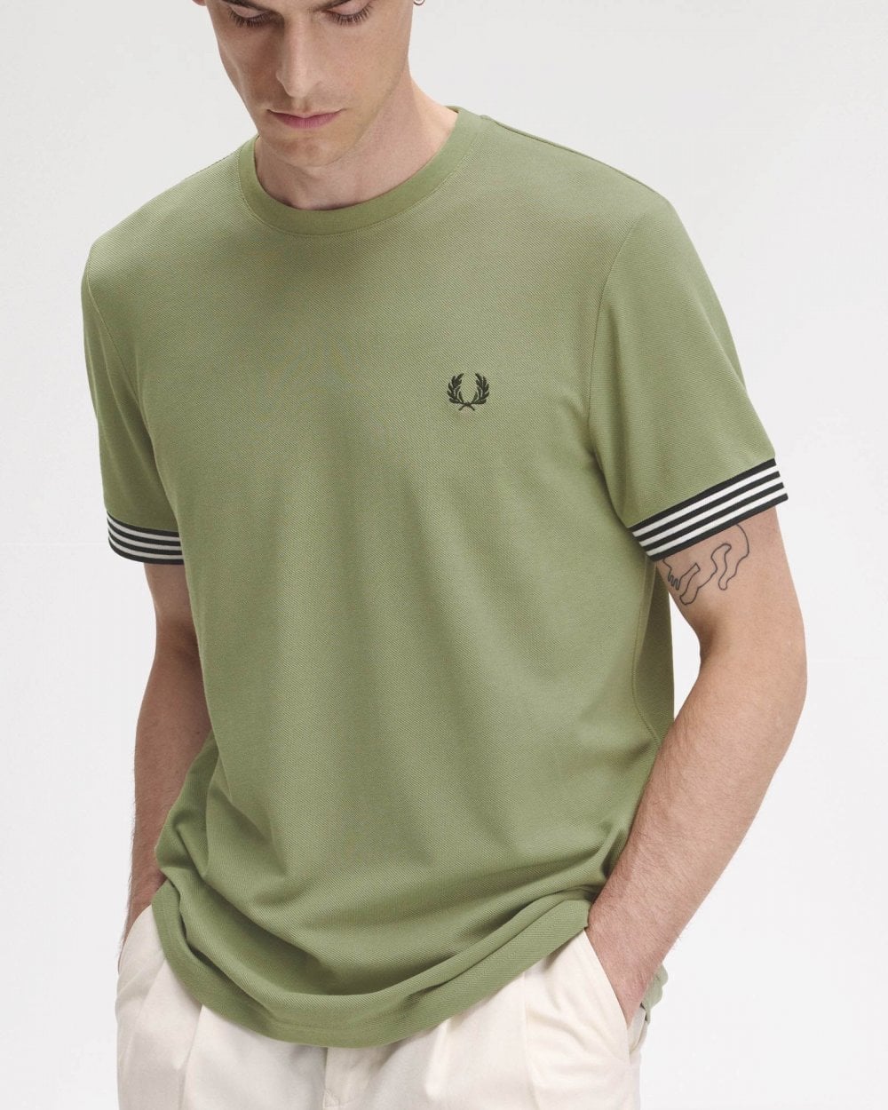 Fred Perry Mens Striped Cuff T-Shirt - Olive Mint X88 - Image 4