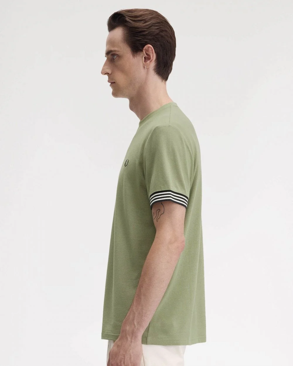 Fred Perry Mens Striped Cuff T-Shirt - Olive Mint X88 - Image 5
