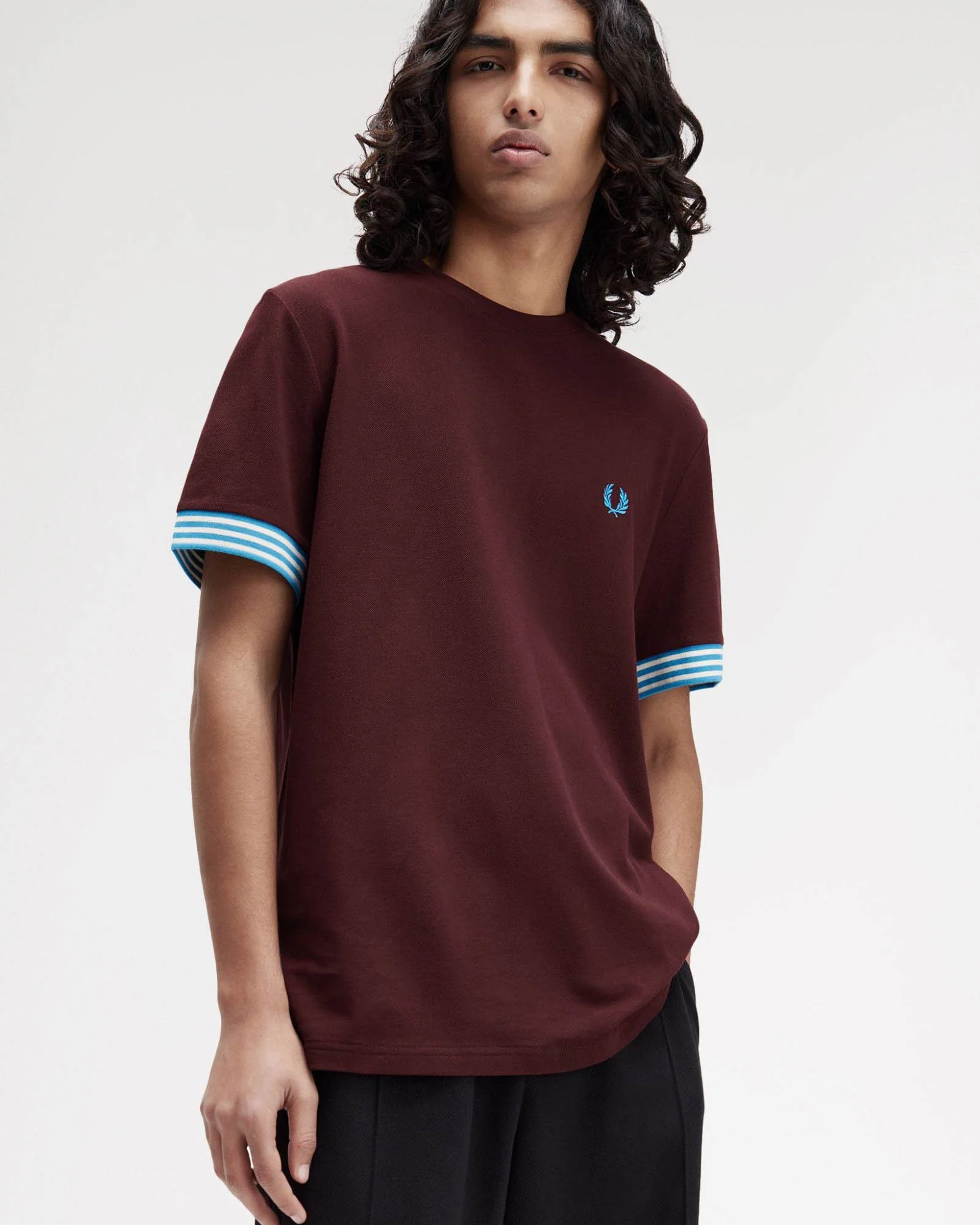 Fred Perry Mens Striped Cuff T-Shirt - Ox Blood/Ecru/Ecru 597 - Image 2