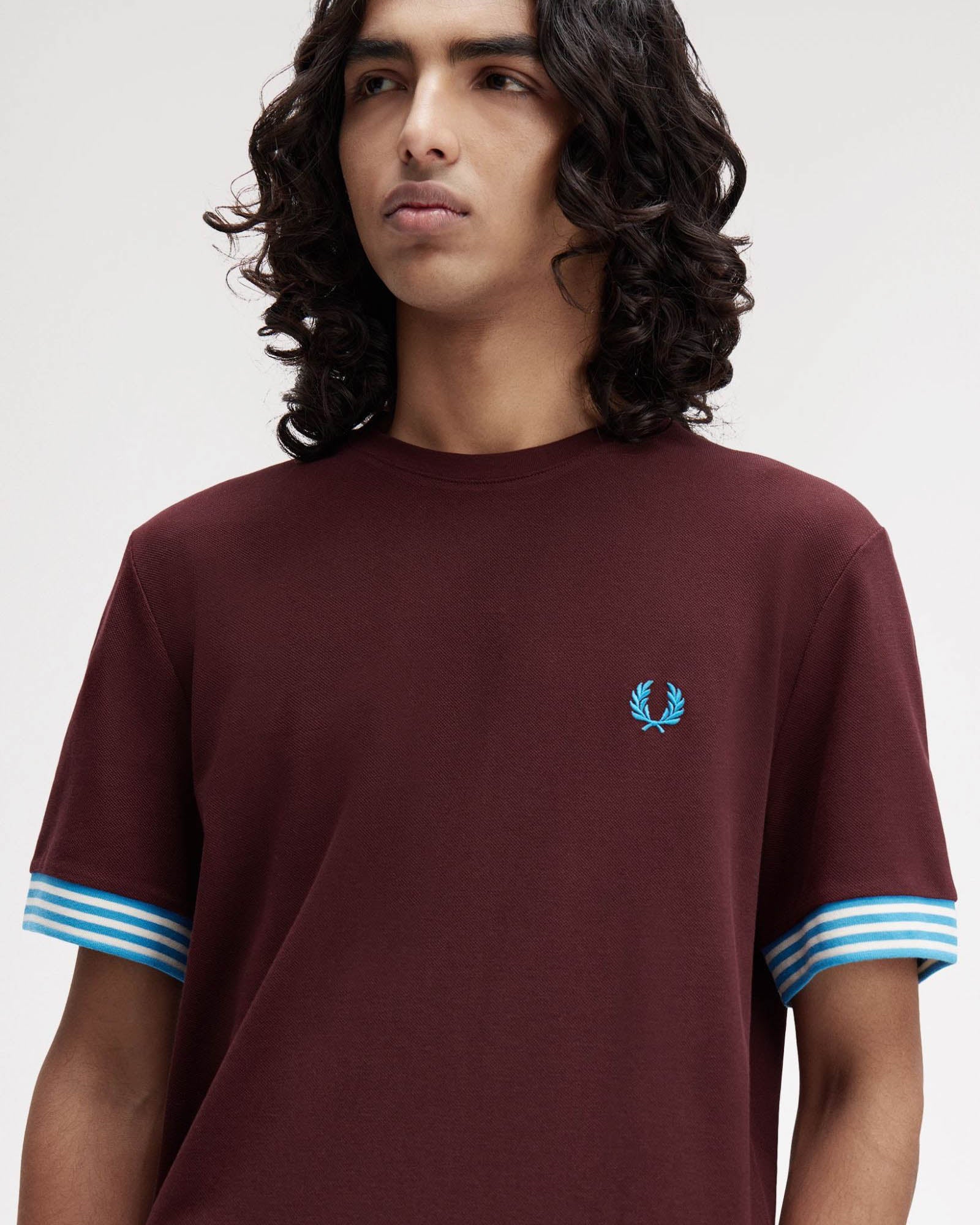 Fred Perry Mens Striped Cuff T-Shirt - Ox Blood/Ecru/Ecru 597 - Image 3