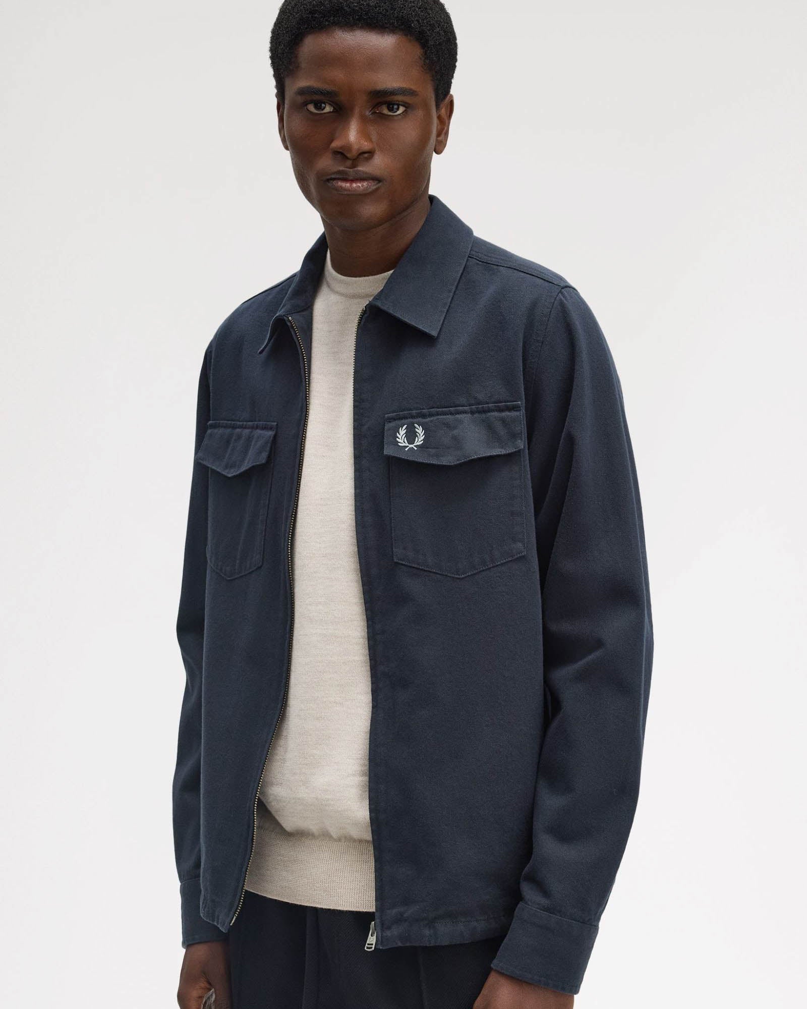 Fred Perry Mens Twill Zip Through Overshirt - Navy 608 - Image 3