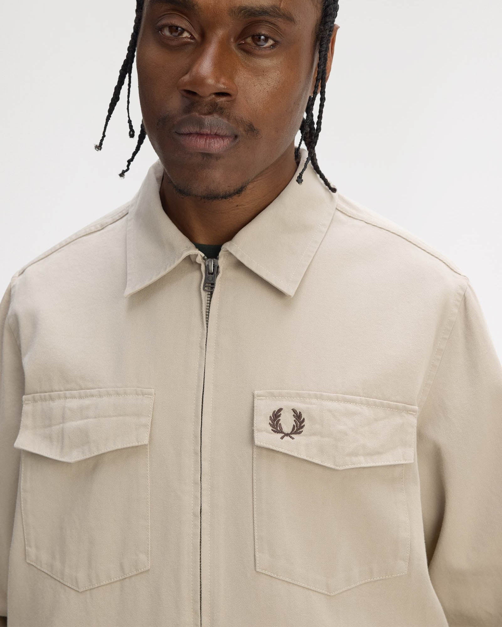 Fred Perry Mens Twill Zip Through Overshirt - Warm Oat Z19 - Image 3