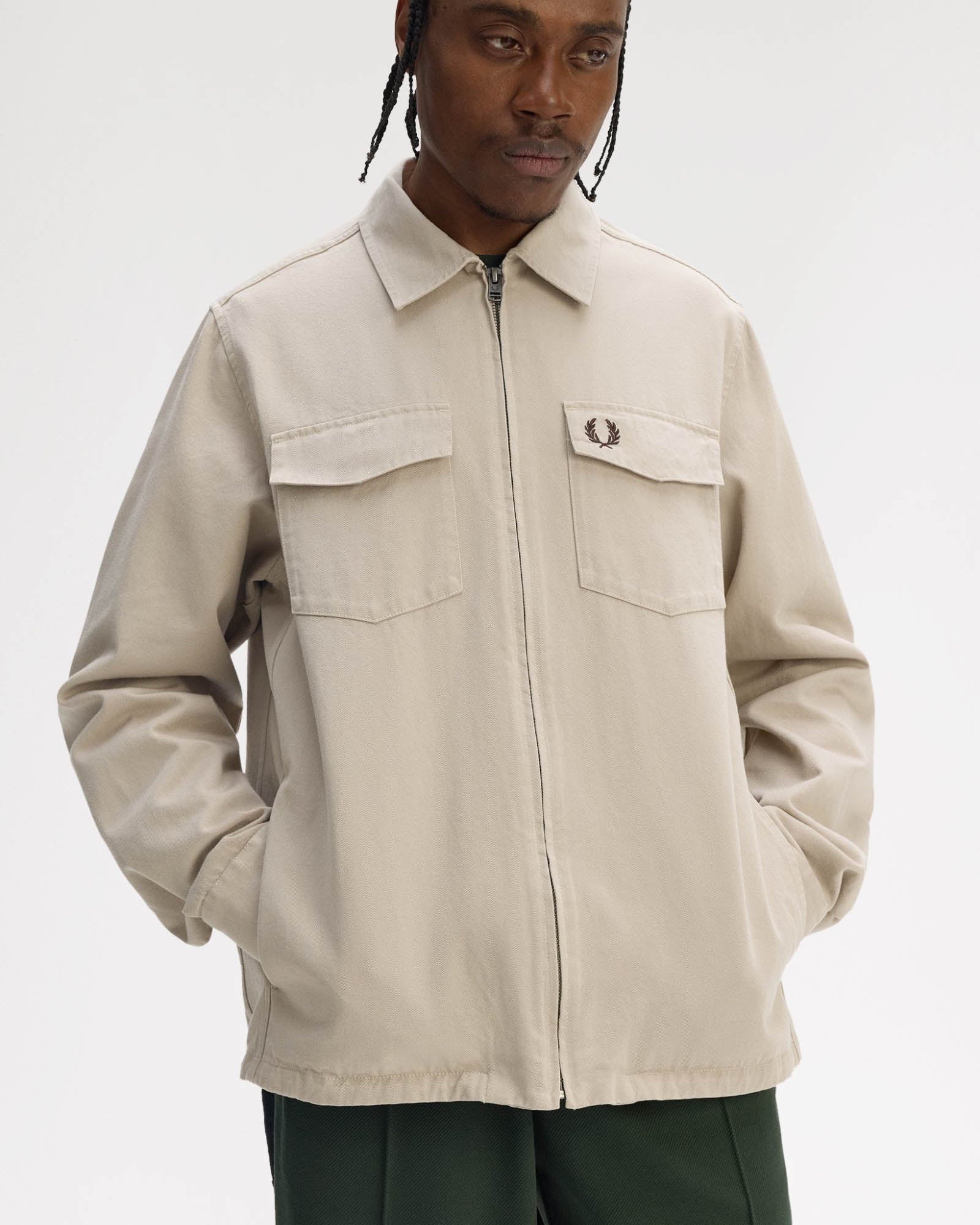 Fred Perry Mens Twill Zip Through Overshirt - Warm Oat Z19 - Image 4