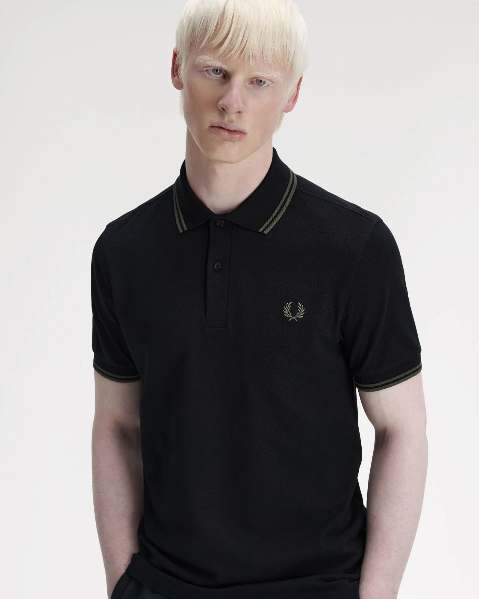 Fred Perry Mens Twin Tipped Signature Polo Shirt - Black/Field Green T44 - Image 3