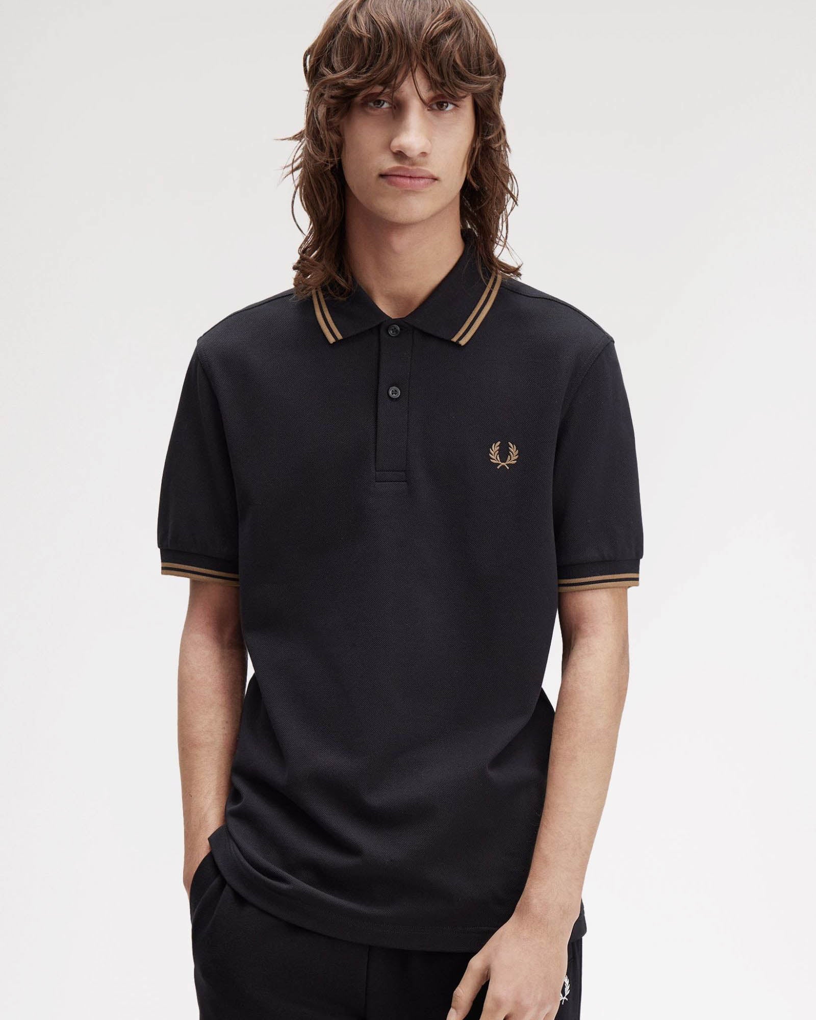 Fred Perry Mens Twin Tipped Signature Polo Shirt - Black/Shaded Stone/Shaded Stone S77 - Image 2
