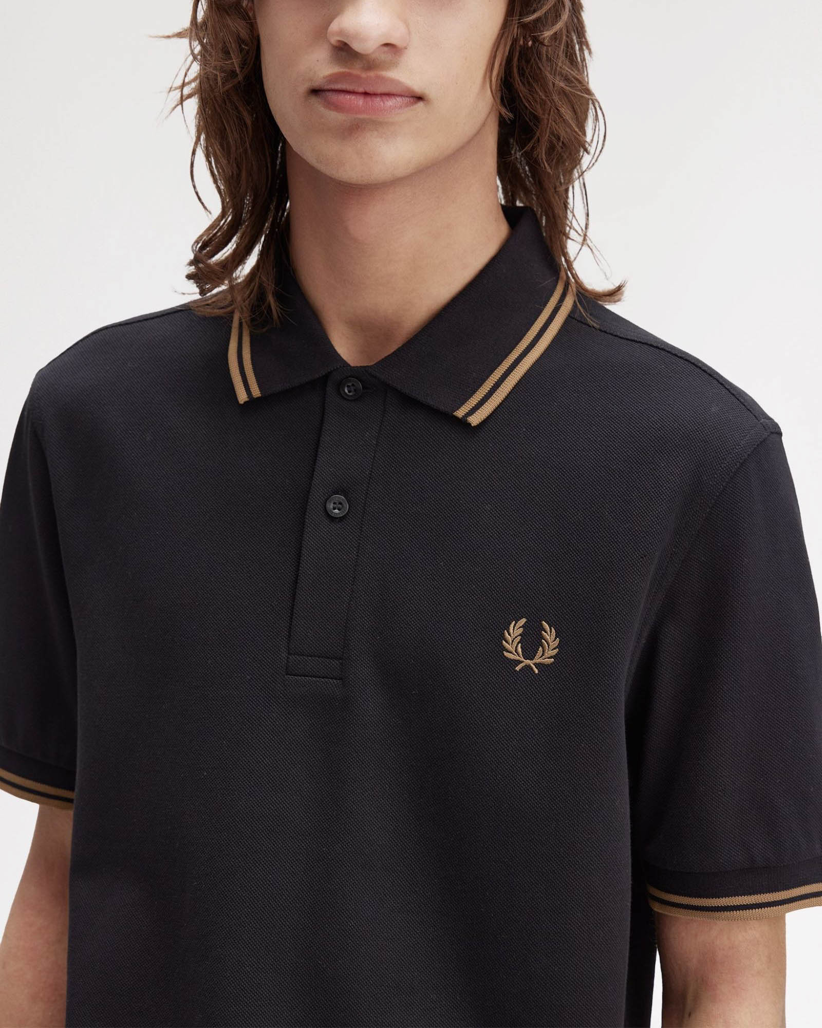 Fred Perry Mens Twin Tipped Signature Polo Shirt - Black/Shaded Stone/Shaded Stone S77 - Image 3