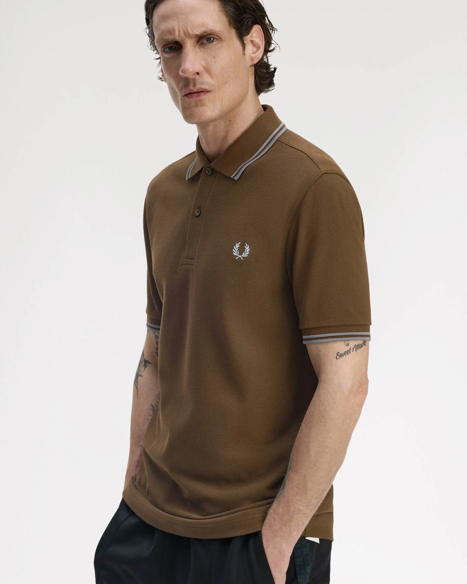 Fred Perry Mens Twin Tipped Signature Polo Shirt - Burnt Tobacco/Stockport Blue 49A - Image 2