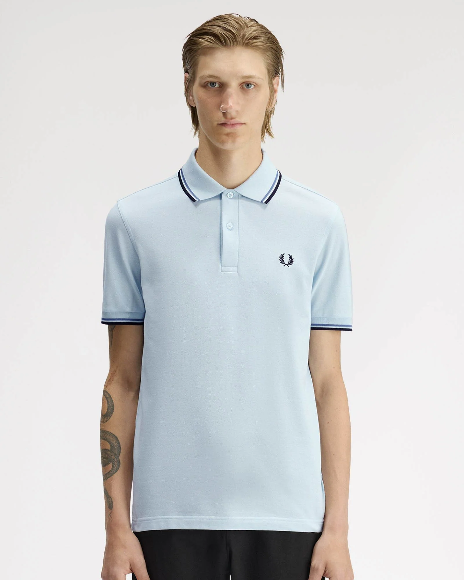 Fred Perry Mens Twin Tipped Signature Polo Shirt - Light Ice/Ace Blue/Navy 96A