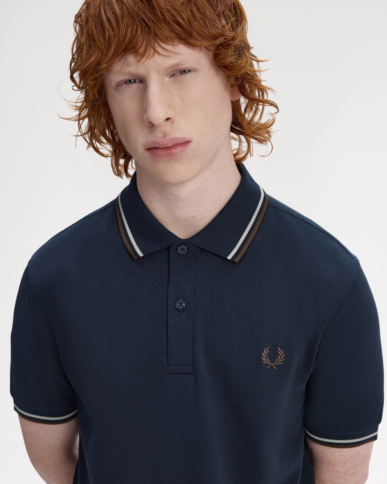Fred Perry Mens Twin Tipped Signature Polo Shirt - Navy/Warm Oat/Burnt Tobacco 52A - Image 2