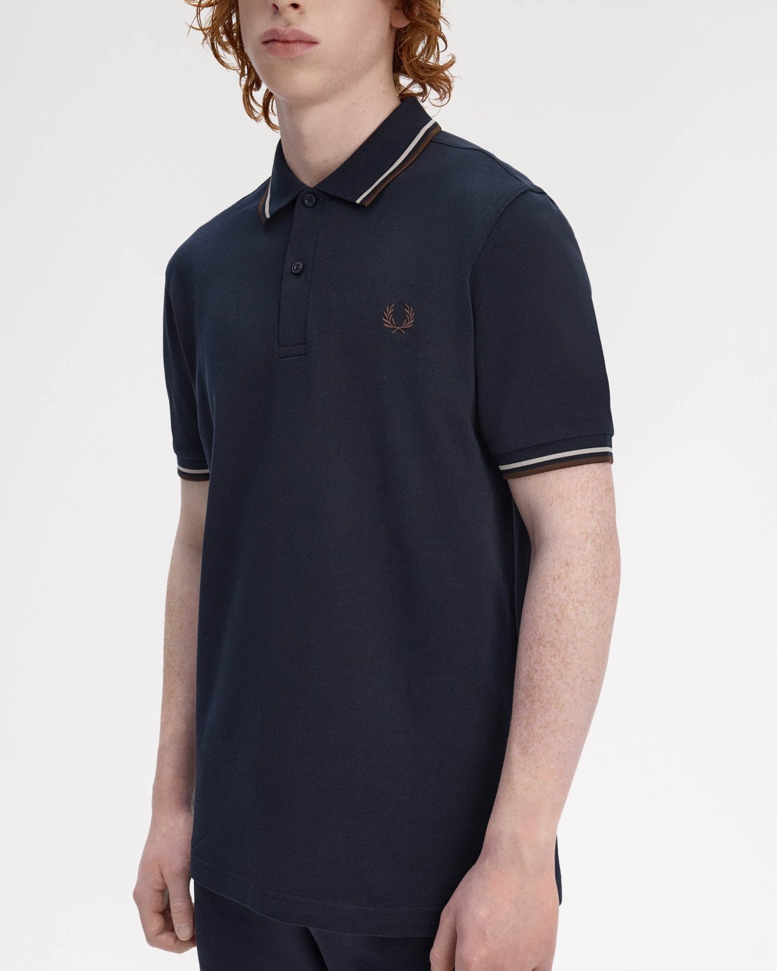 Fred Perry Mens Twin Tipped Signature Polo Shirt - Navy/Warm Oat/Burnt Tobacco 52A - Image 3