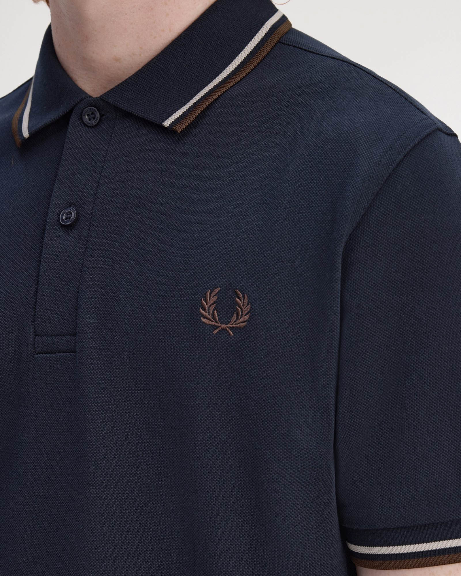 Fred Perry Mens Twin Tipped Signature Polo Shirt - Navy/Warm Oat/Burnt Tobacco 52A - Image 5